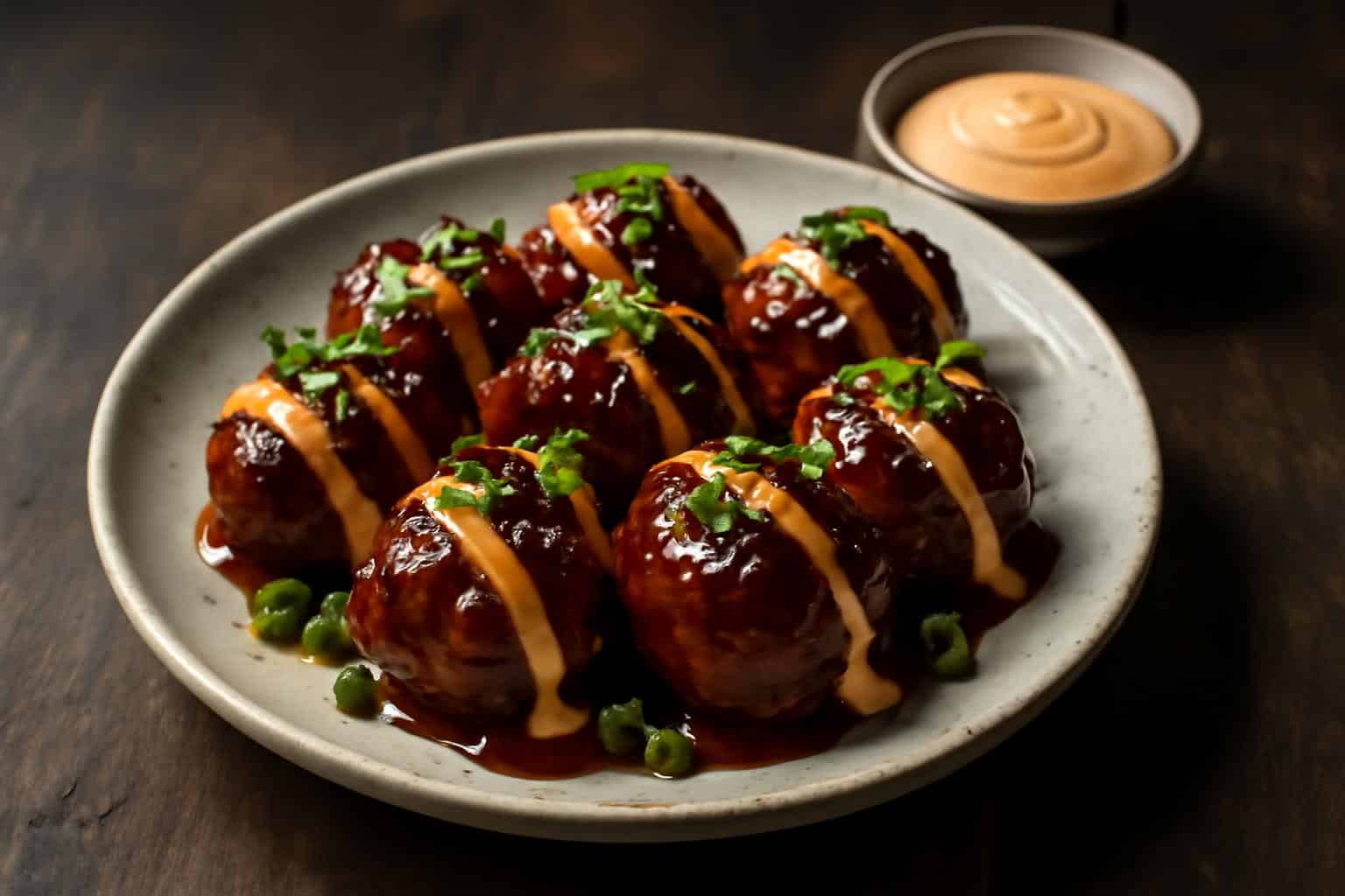 Korean BBQ meatballs with spicy mayo dip on a rustic plate garnished with sesame seeds and green onions
