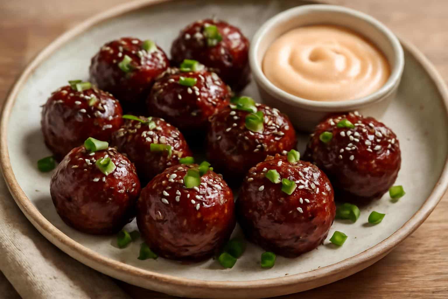 Korean BBQ meatballs served with spicy mayo dip garnished with sesame and green onions