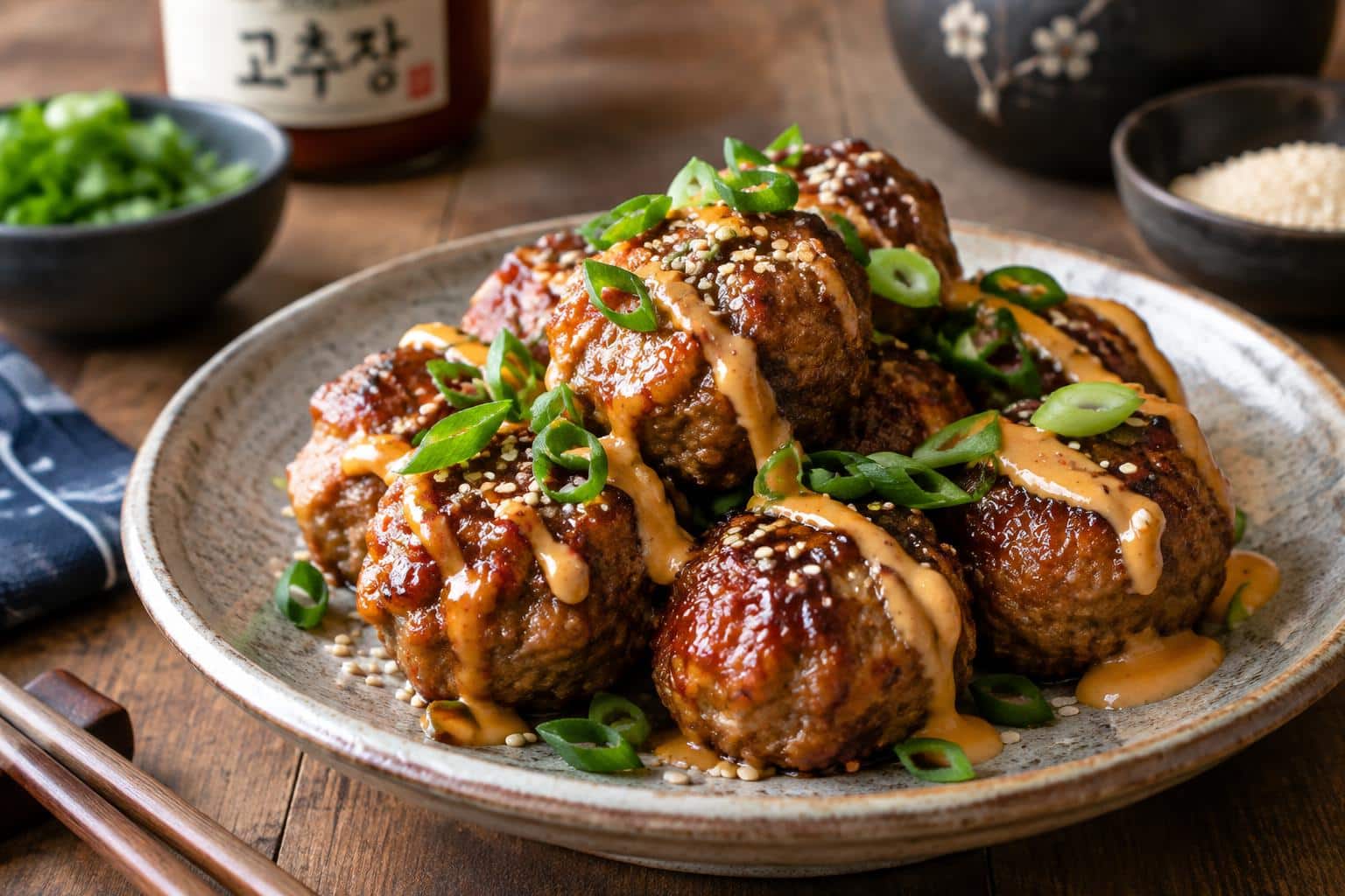 Korean BBQ meatballs served with spicy mayo dip garnished with sesame seeds and green onions
