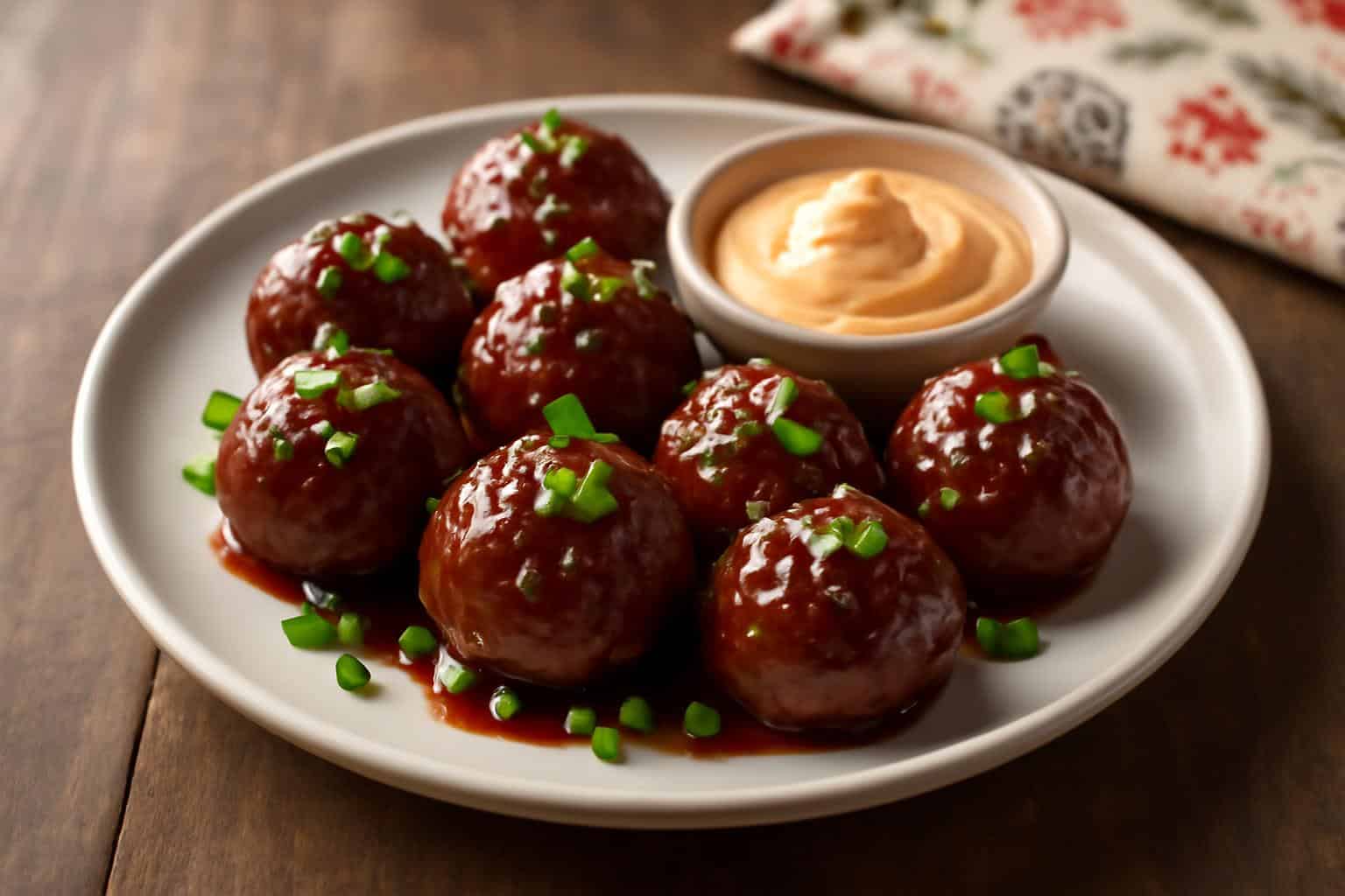 Korean BBQ meatballs glazed and served with spicy mayo dip garnished with sesame seeds and green onions