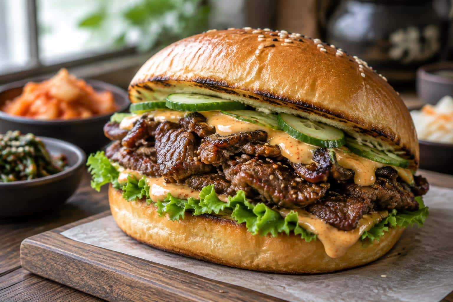 Korean steak sandwich with grilled beef, spicy mayo, and fresh vegetables on toasted bun