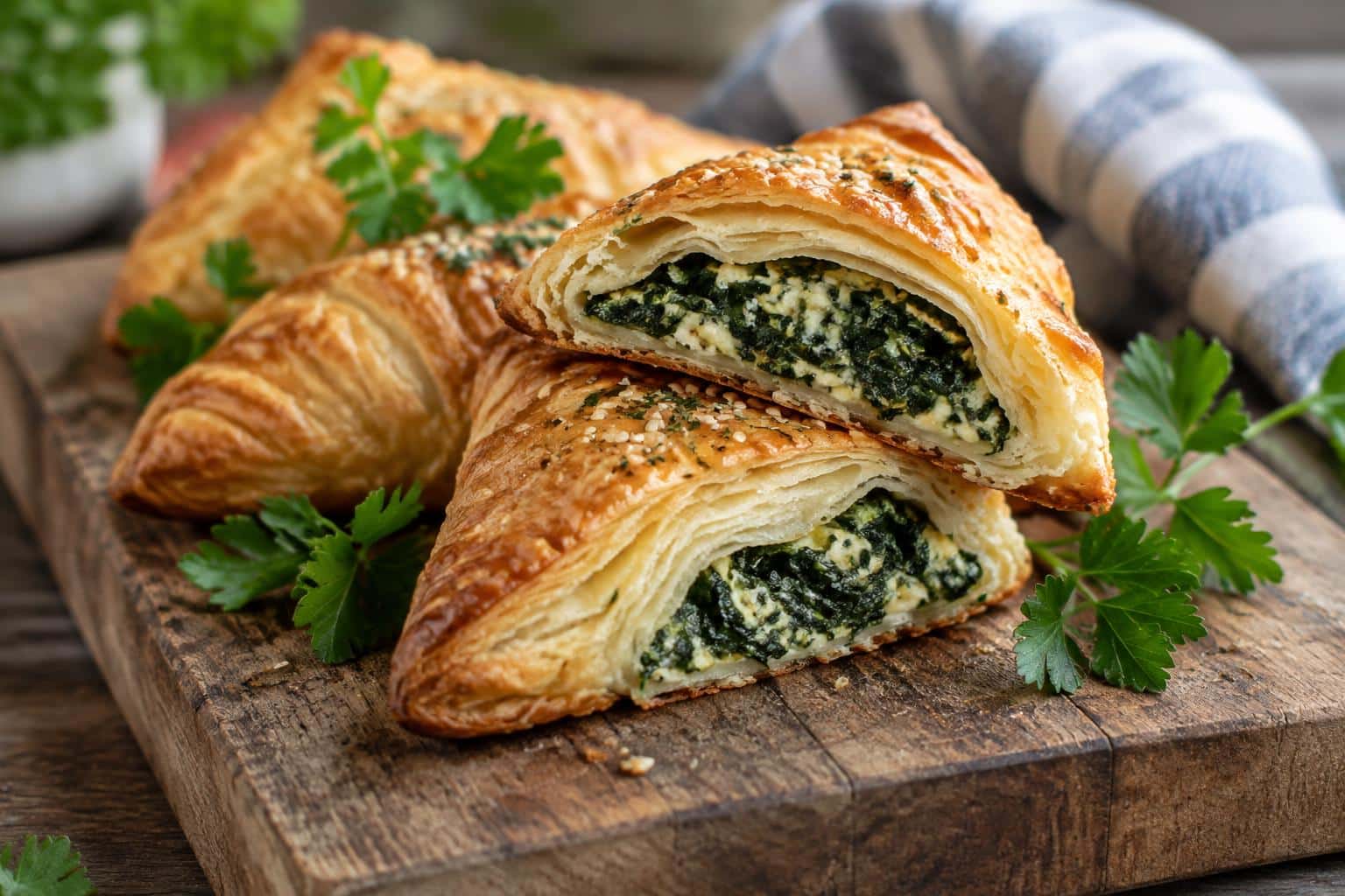 Golden Kronk spinach puffs with flaky pastry and fresh parsley garnish