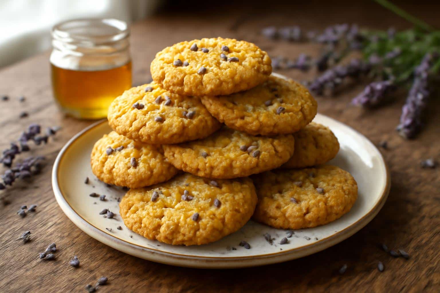 Golden lavender honey cookies with crunchy sugar topping, perfect lavender honey cookies dessert