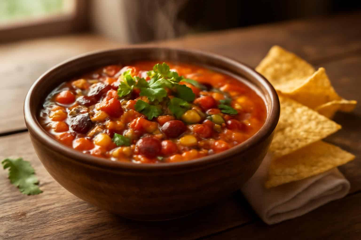 Hearty taco soup in rustic bowl garnished with cilantro and served with tortilla chips