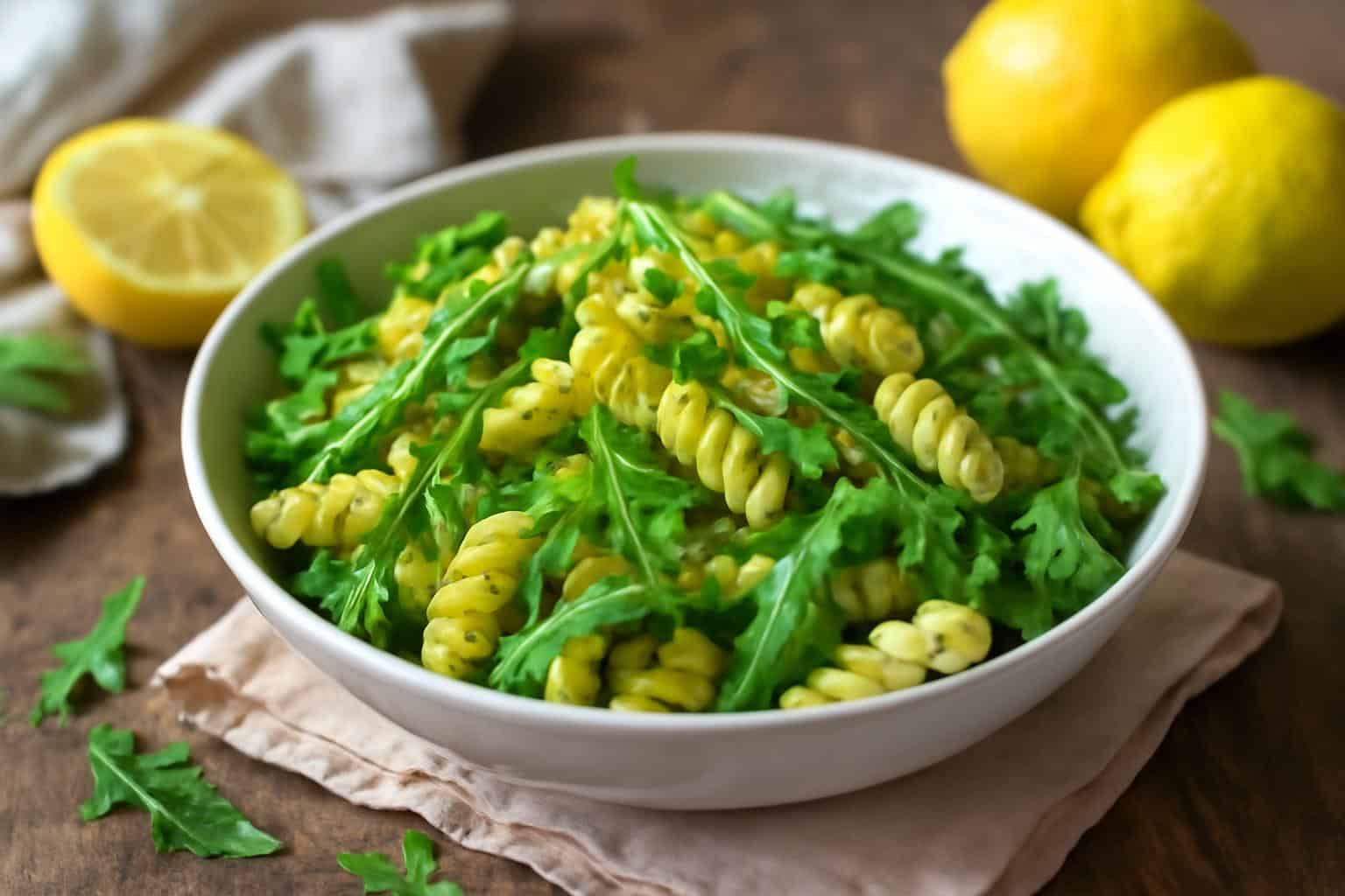 Fresh lemon arugula pasta salad with zesty lemon garnish and green arugula leaves