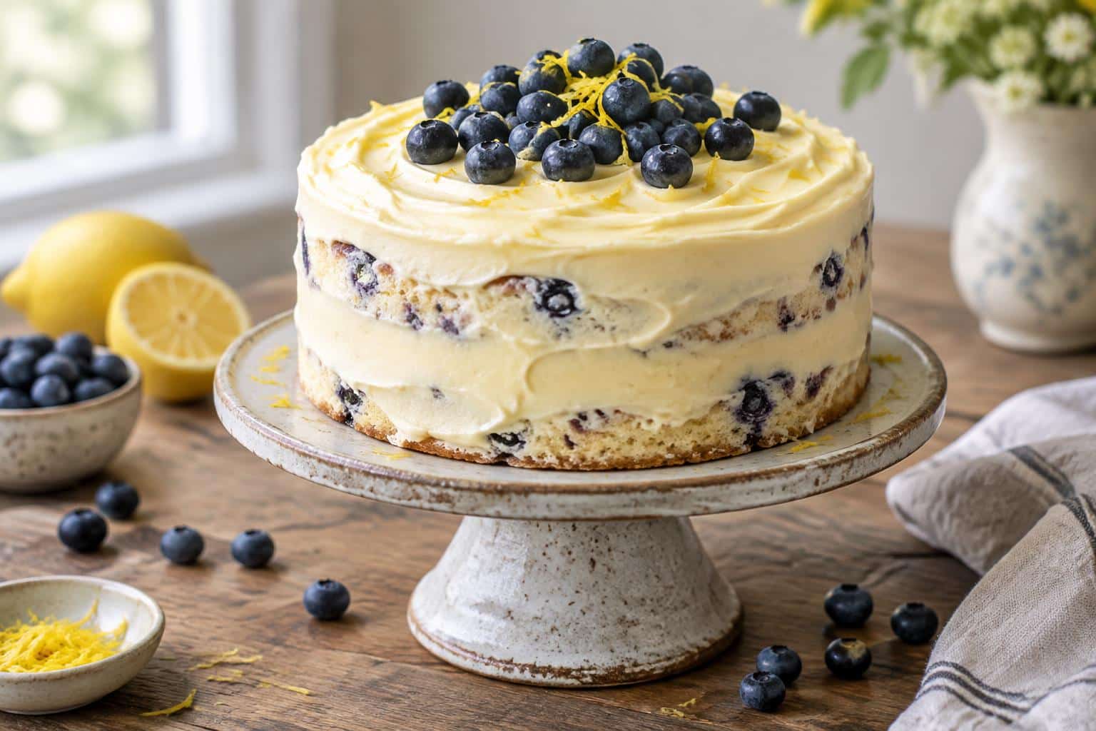 Freshly baked lemon blueberry cake with lemon cream cheese frosting and blueberries on top