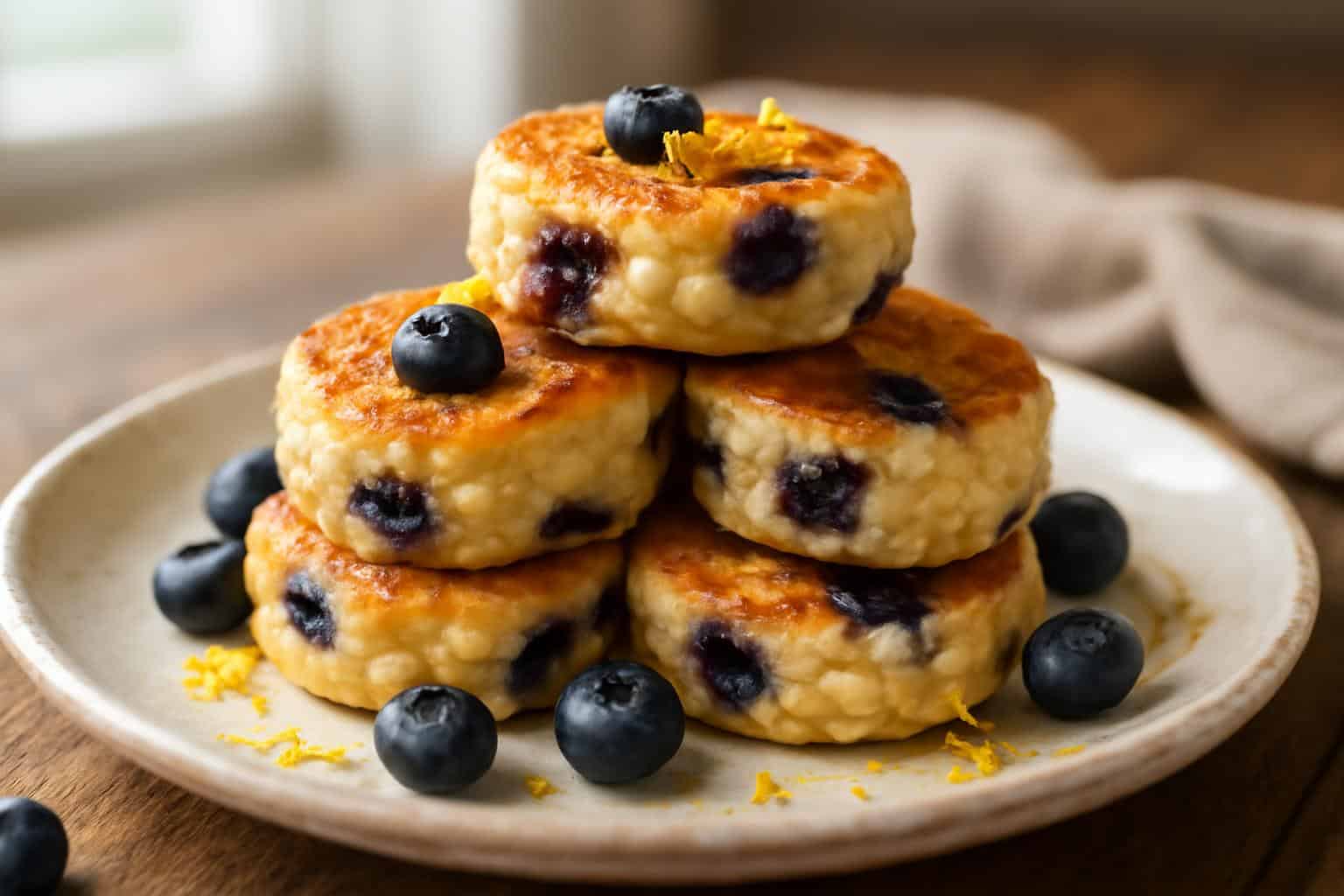 Lemon blueberry cottage cheese pancake bites stacked on plate with fresh blueberries and lemon zest