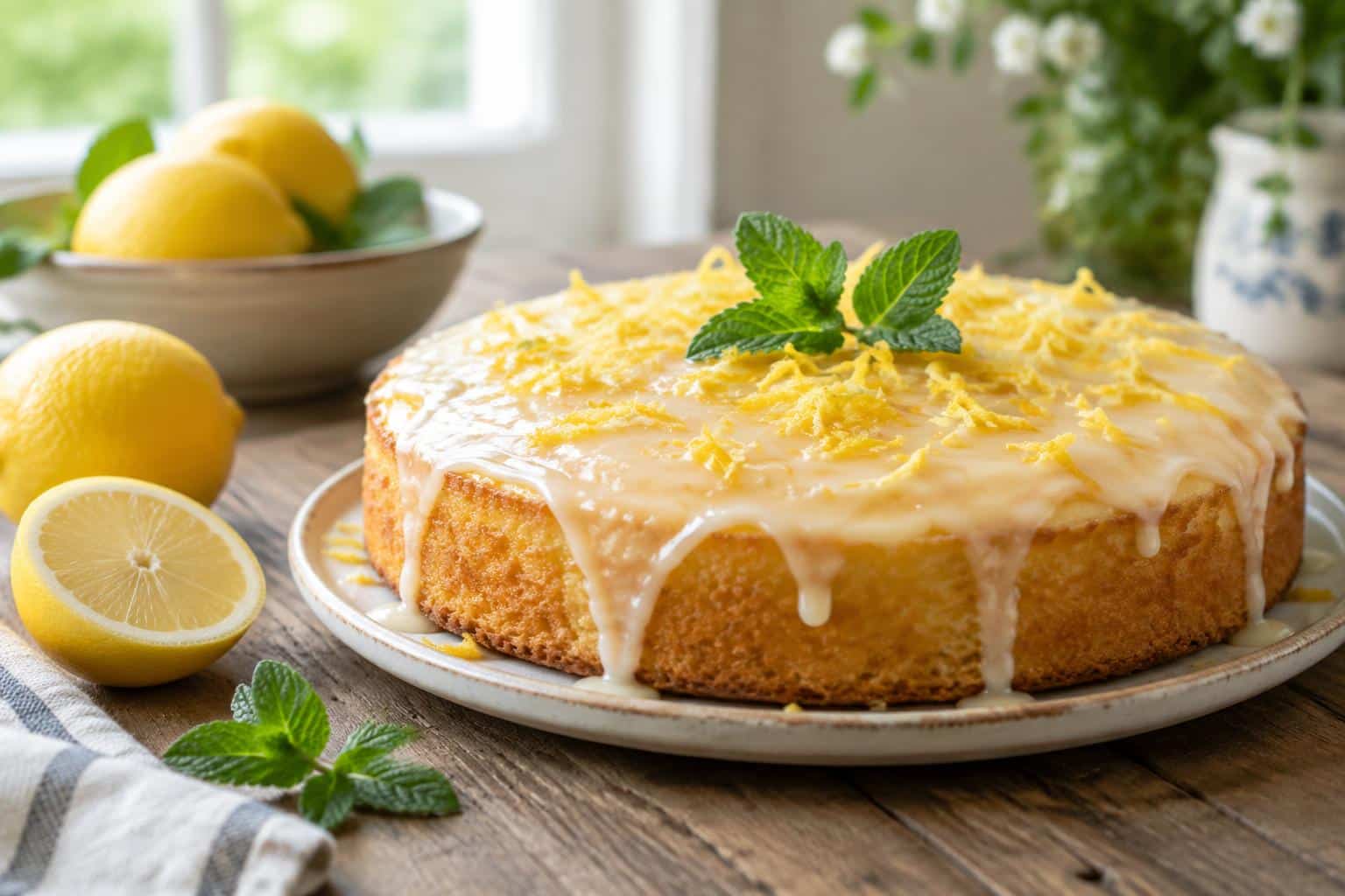 A moist lemon cake topped with lemon glaze and zest, showcasing the perfect lemon cake dessert