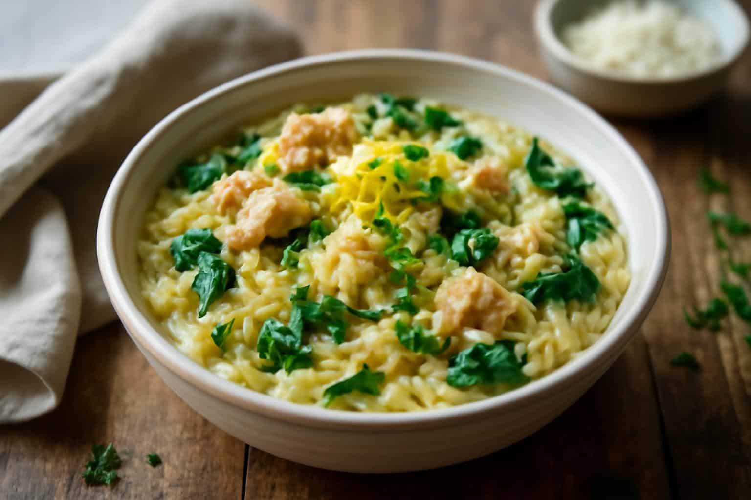Lemon chicken orzo with spinach in a bowl garnished with lemon zest and parsley