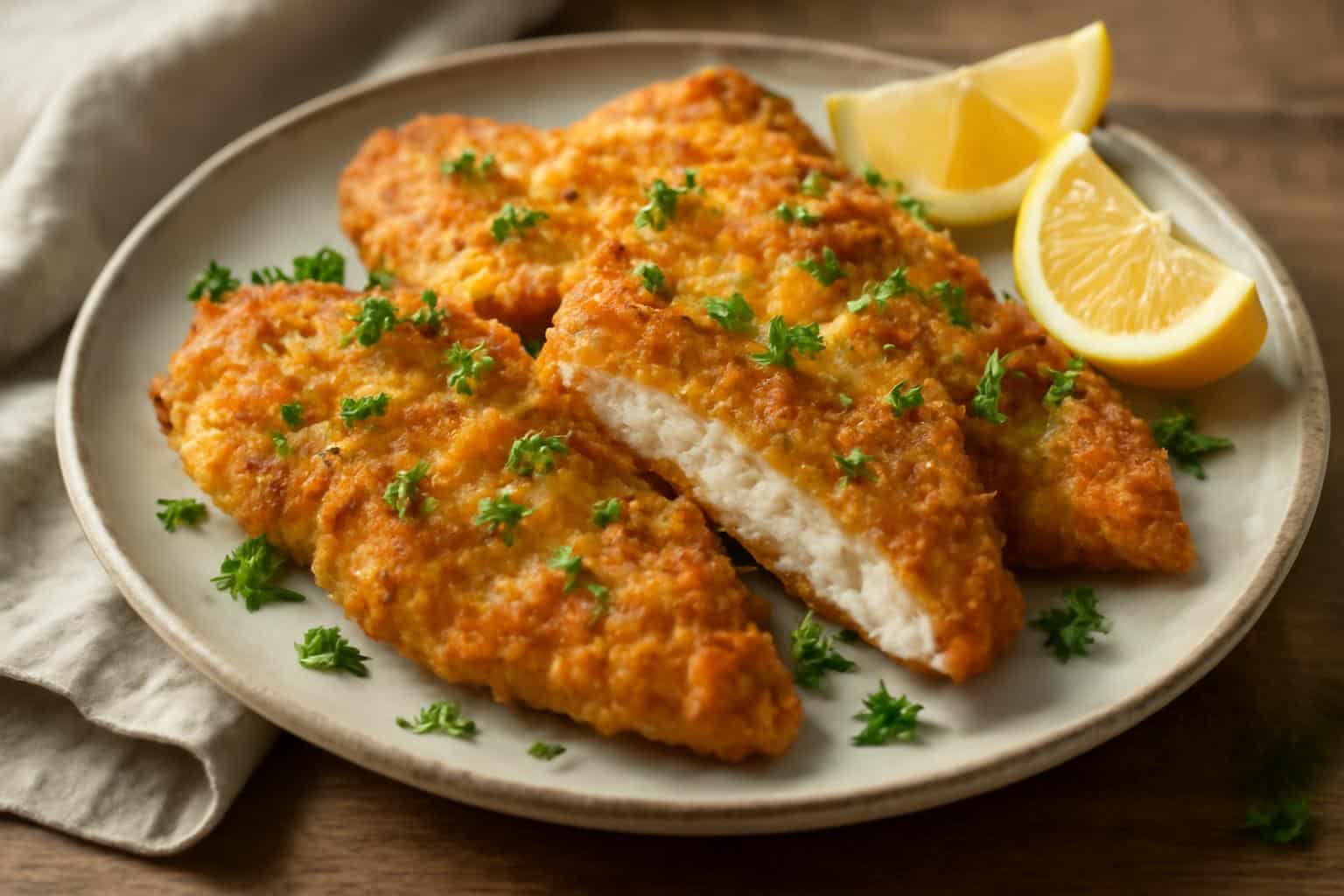 Crispy golden lemon chicken romano garnished with lemon wedges and fresh parsley