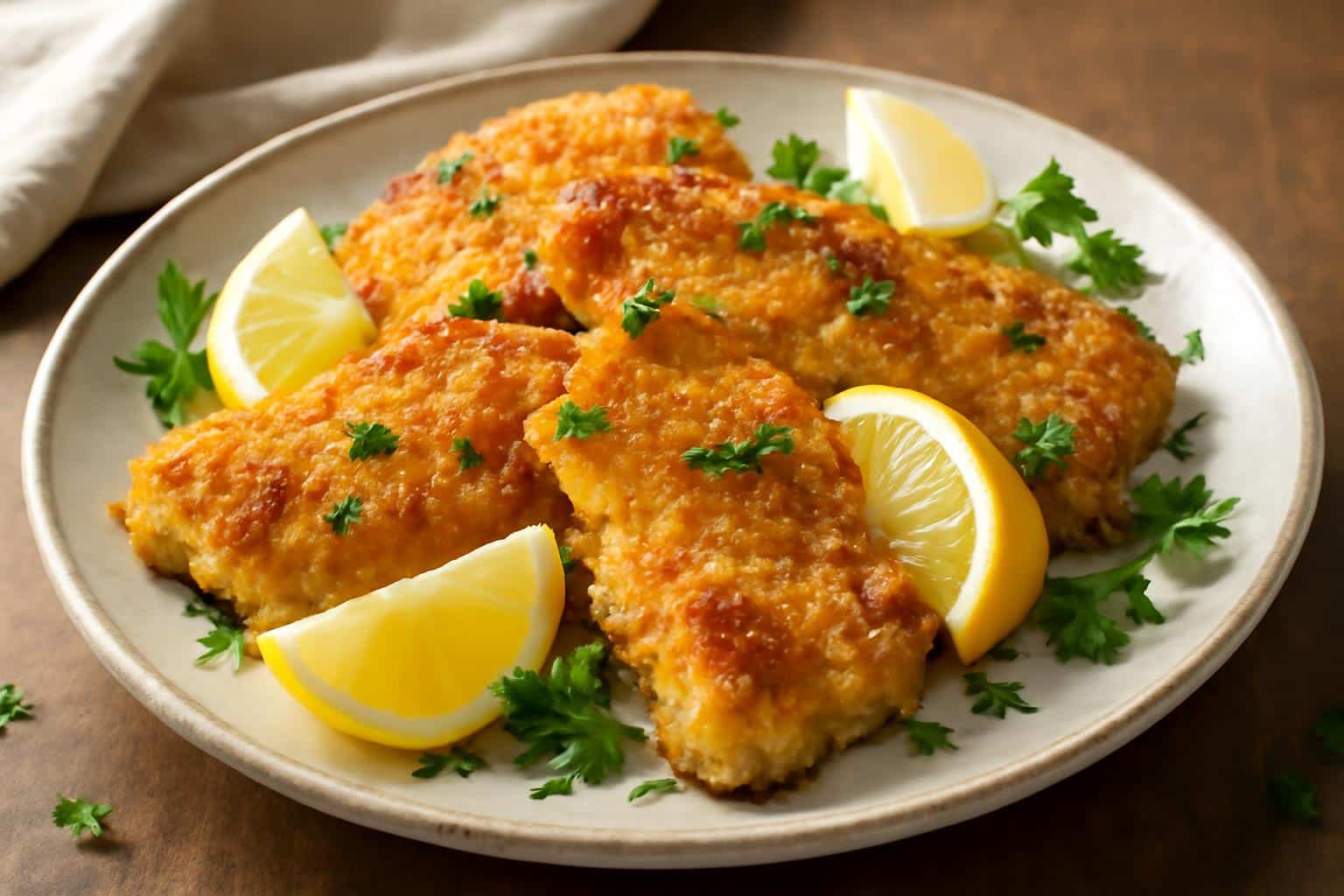 Crispy lemon chicken romano pieces garnished with lemon wedges and fresh parsley on a white plate