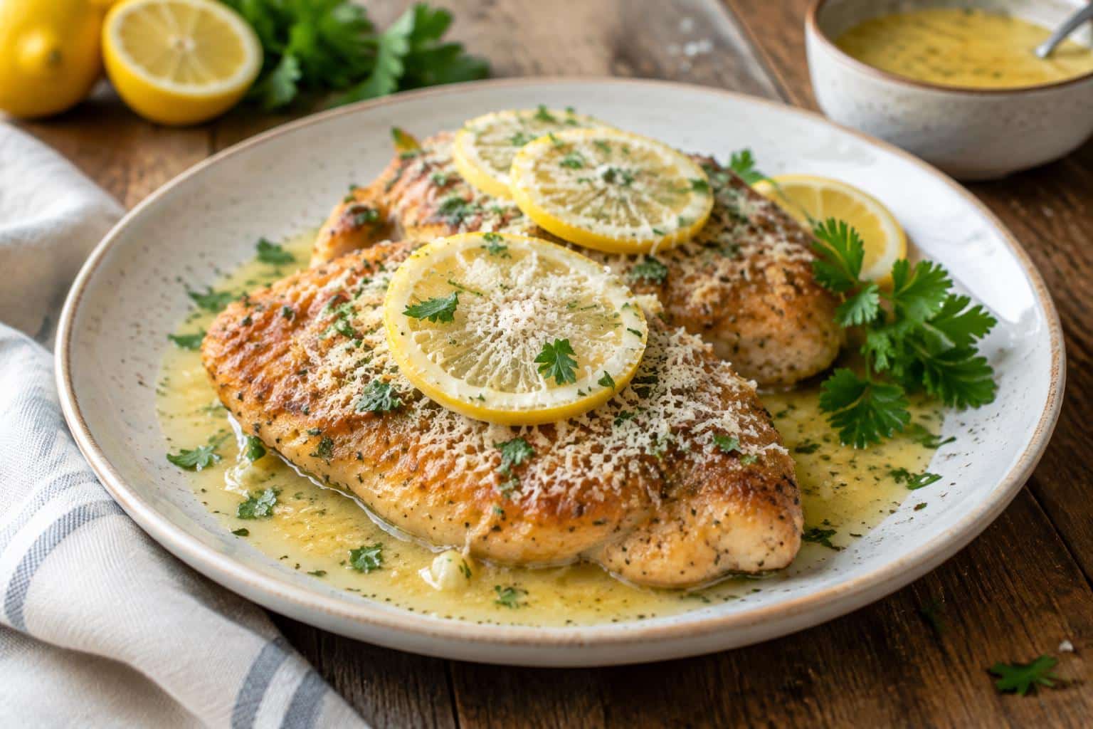 Plated lemon chicken romano with lemon slices and Romano cheese garnish