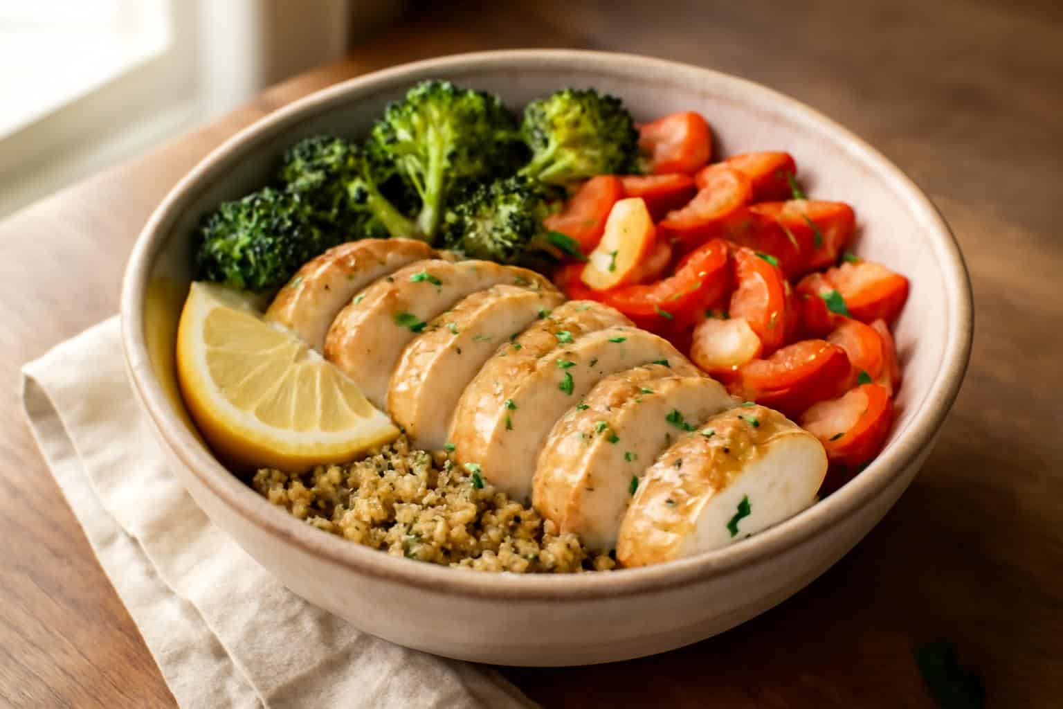 Lemon garlic chicken power bowl with quinoa, vegetables, and fresh herbs in a rustic bowl