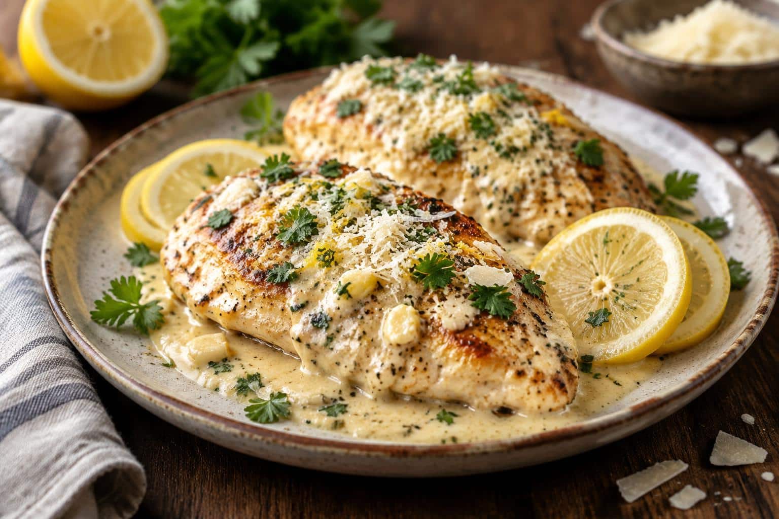 Creamy lemon garlic parmesan chicken plated with lemon slices and parsley garnish