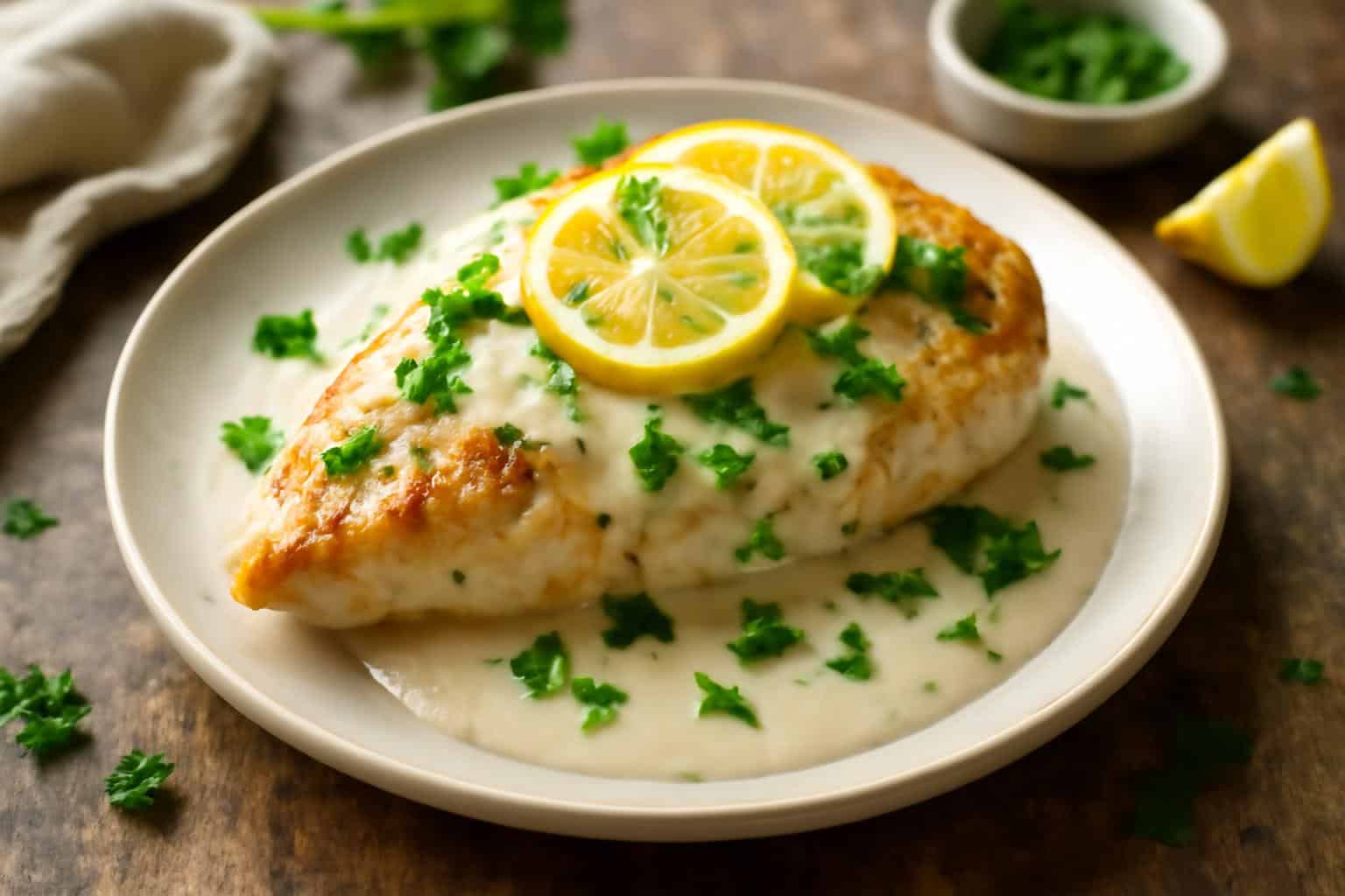 Creamy lemon garlic parmesan chicken plated with lemon slices and parsley garnish