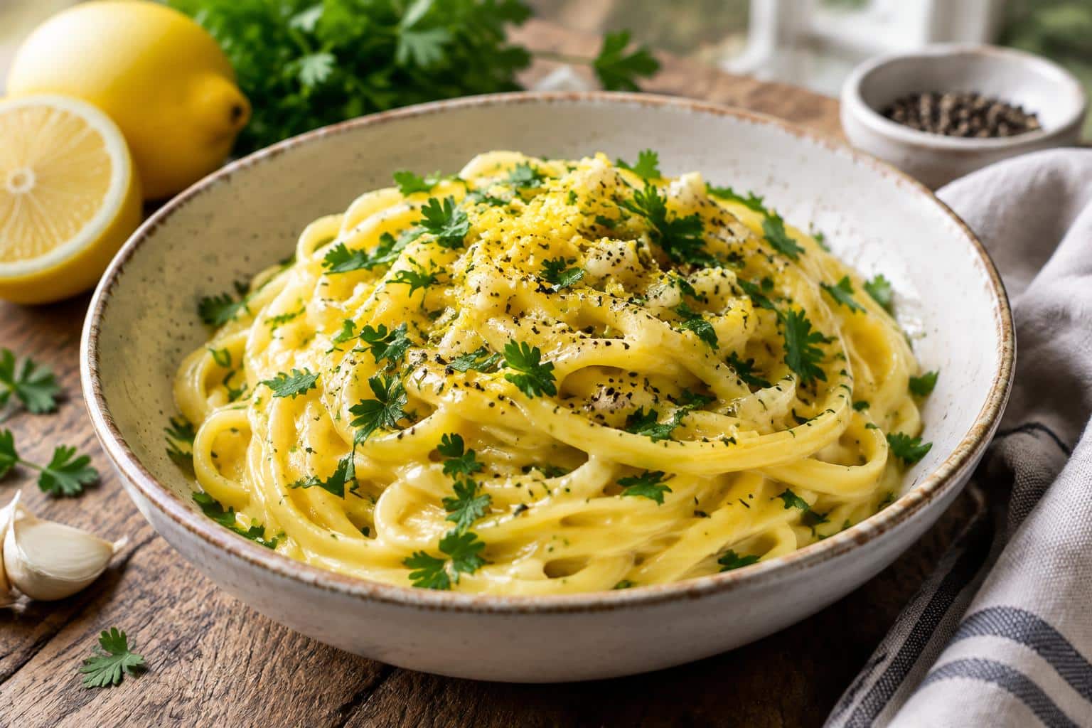 Bowl of pasta with lemon garlic sauce garnished with parsley and black pepper