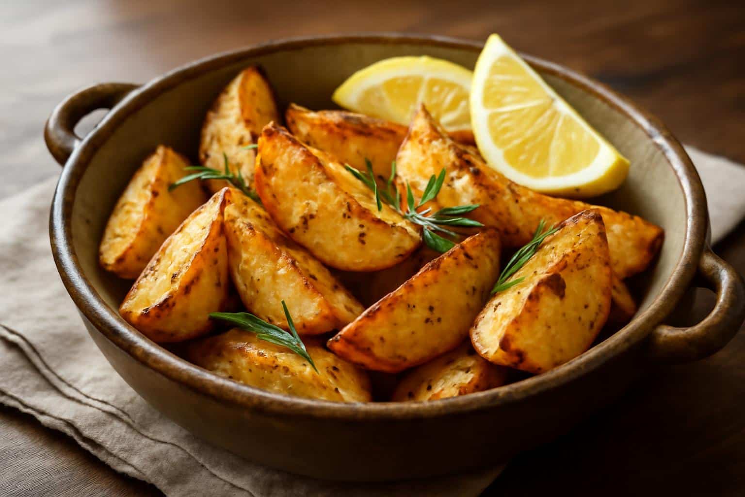Lemon-infused crispy Greek potatoes garnished with rosemary and lemon wedges