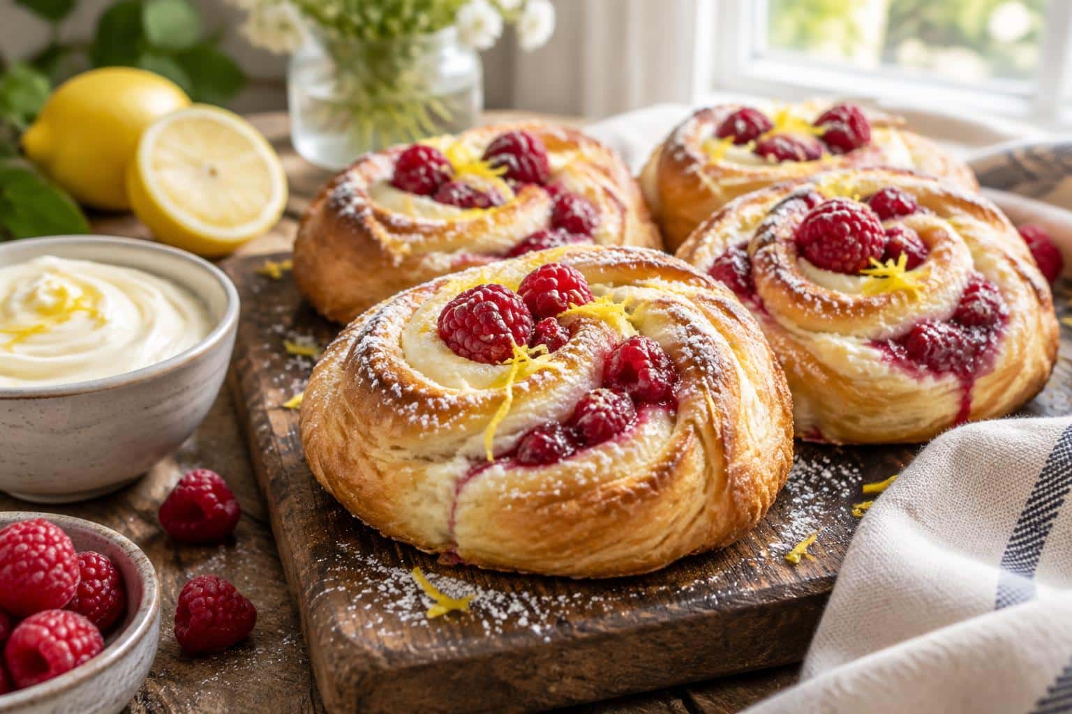 Freshly baked lemon raspberry cream cheese danish rolls with flaky crust and vibrant raspberries