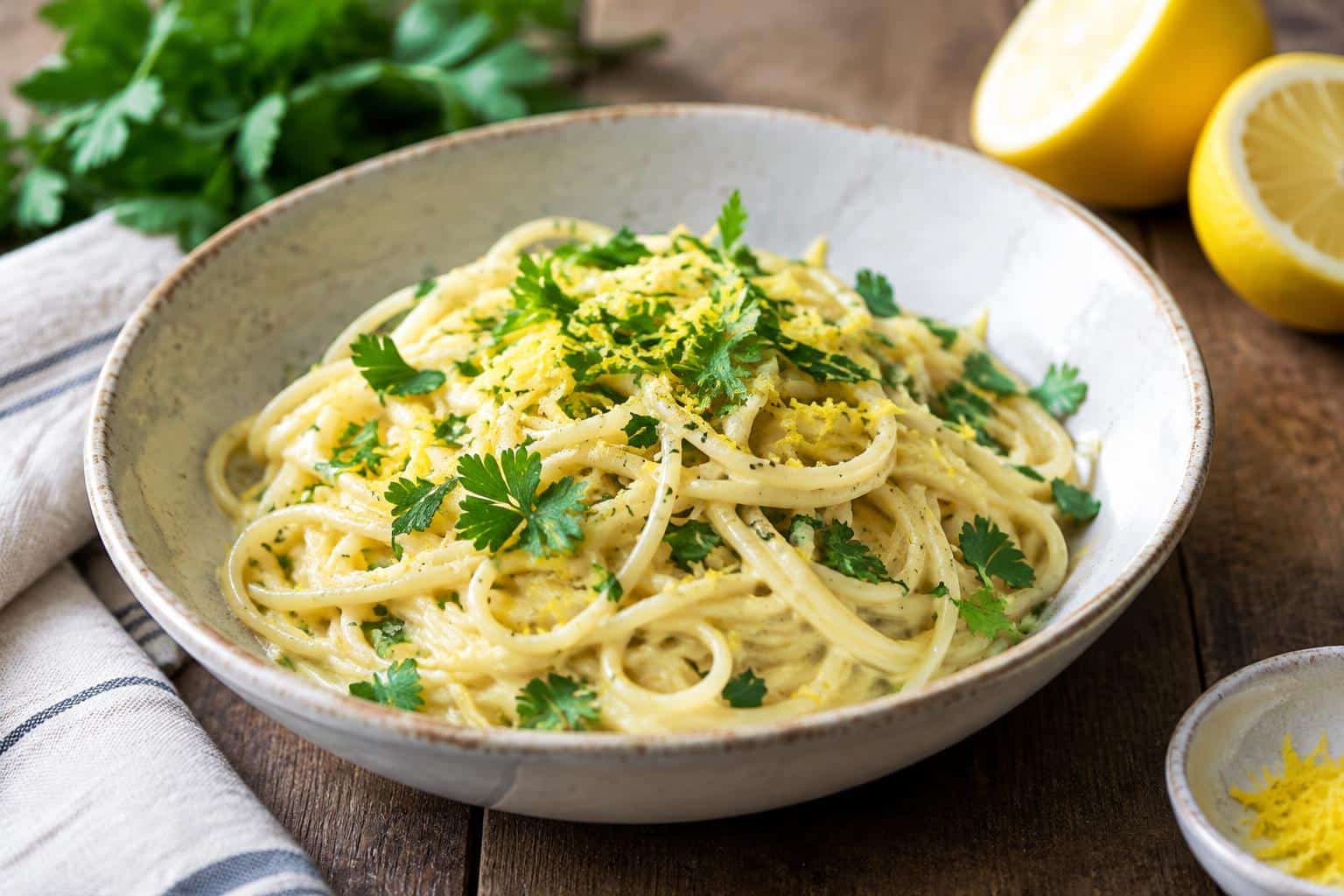 Light and easy lemon pasta recipe garnished with fresh parsley and lemon zest in a bowl