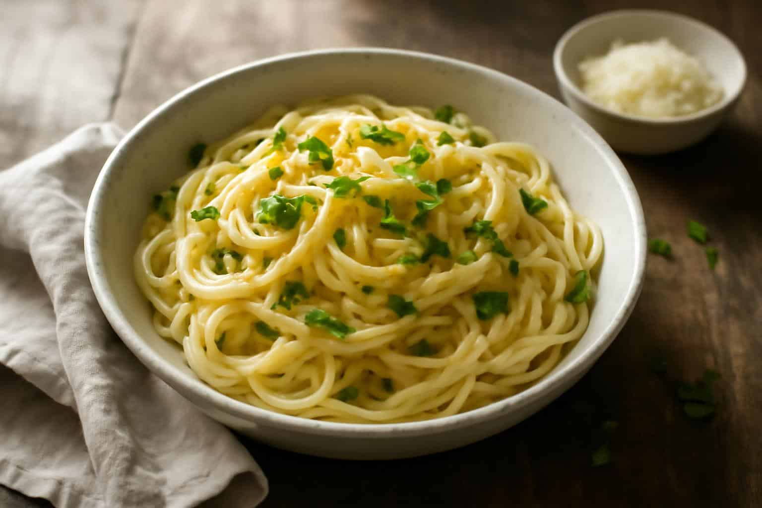 Light lemon pasta garnished with parsley and lemon zest on rustic wooden table