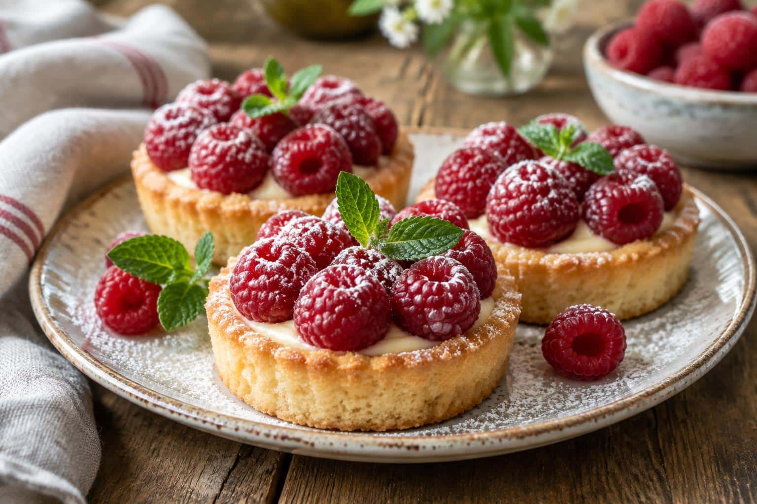 Light crustless raspberry tartelettes with fresh raspberries and powdered sugar on top