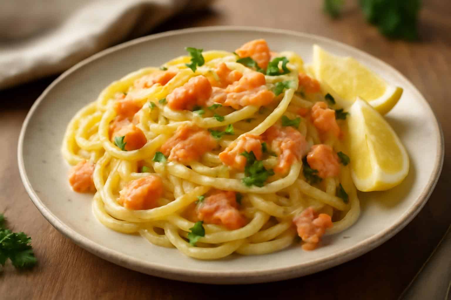 Smoked salmon linguine with creamy lemon sauce garnished with parsley and lemon wedges