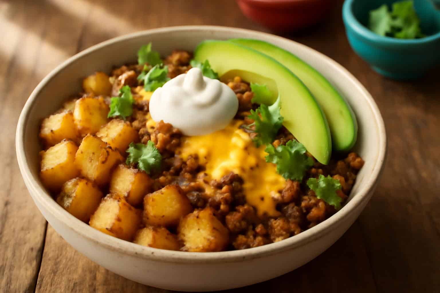 Loaded potato taco bowl with crispy potatoes, seasoned beef, cheese, avocado, and sour cream
