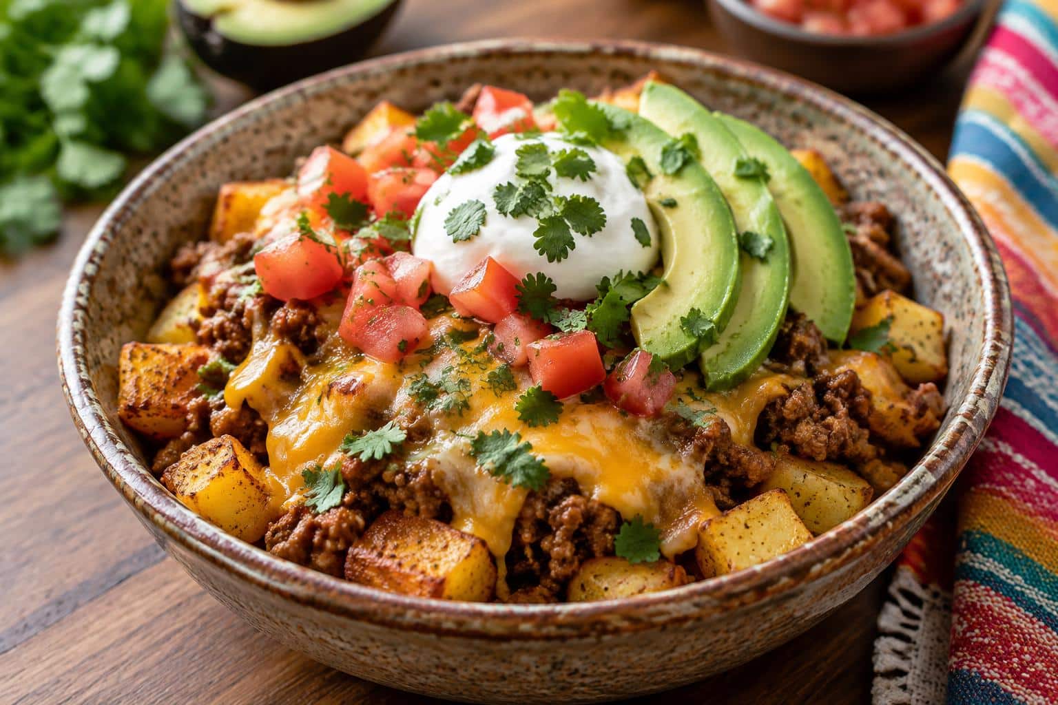 Loaded potato taco bowl with crispy potatoes, taco beef, cheese, avocado, and cilantro garnish