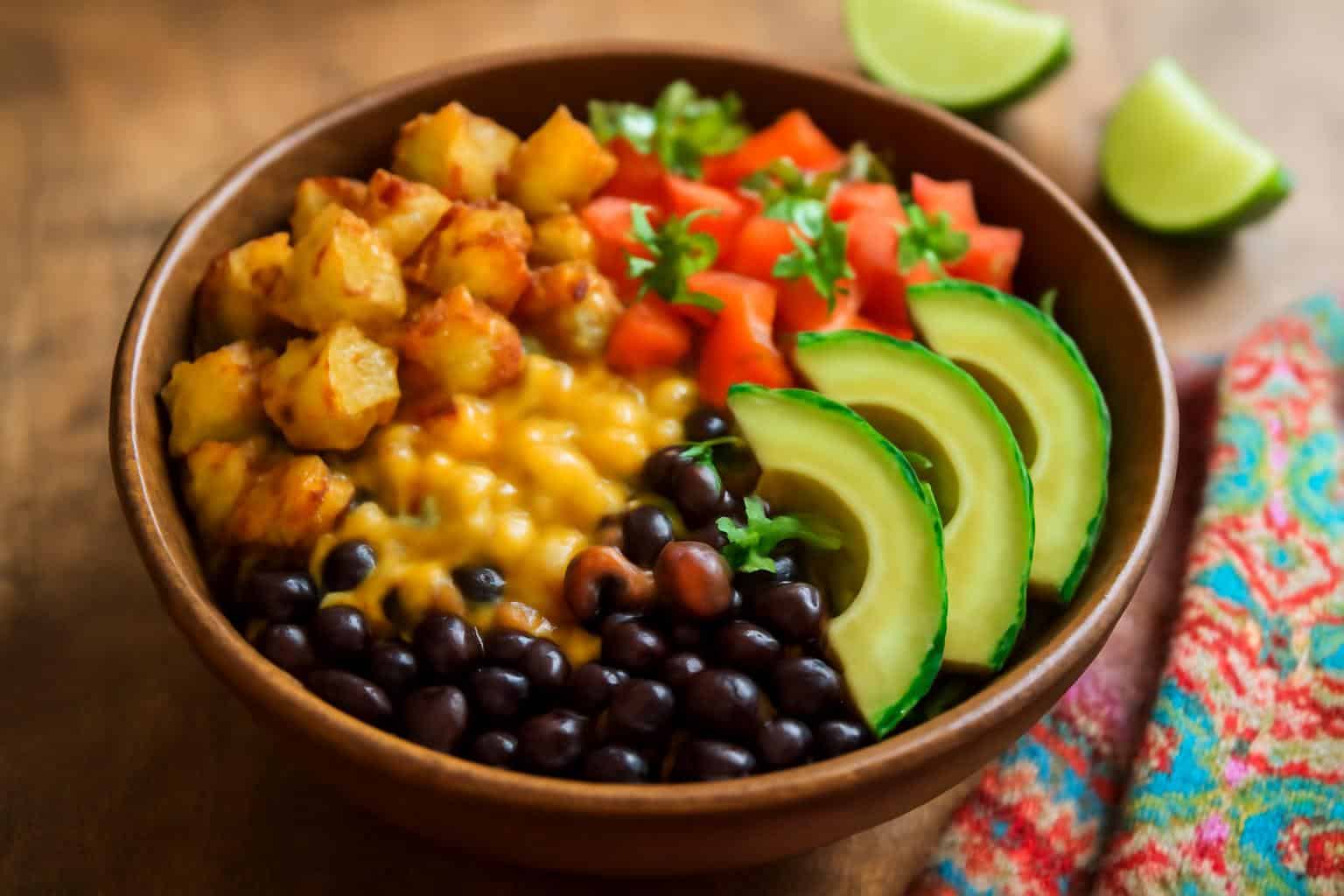 Loaded potato taco bowl with crispy potatoes, black beans, cheese, avocado, and fresh toppings in a rustic bowl