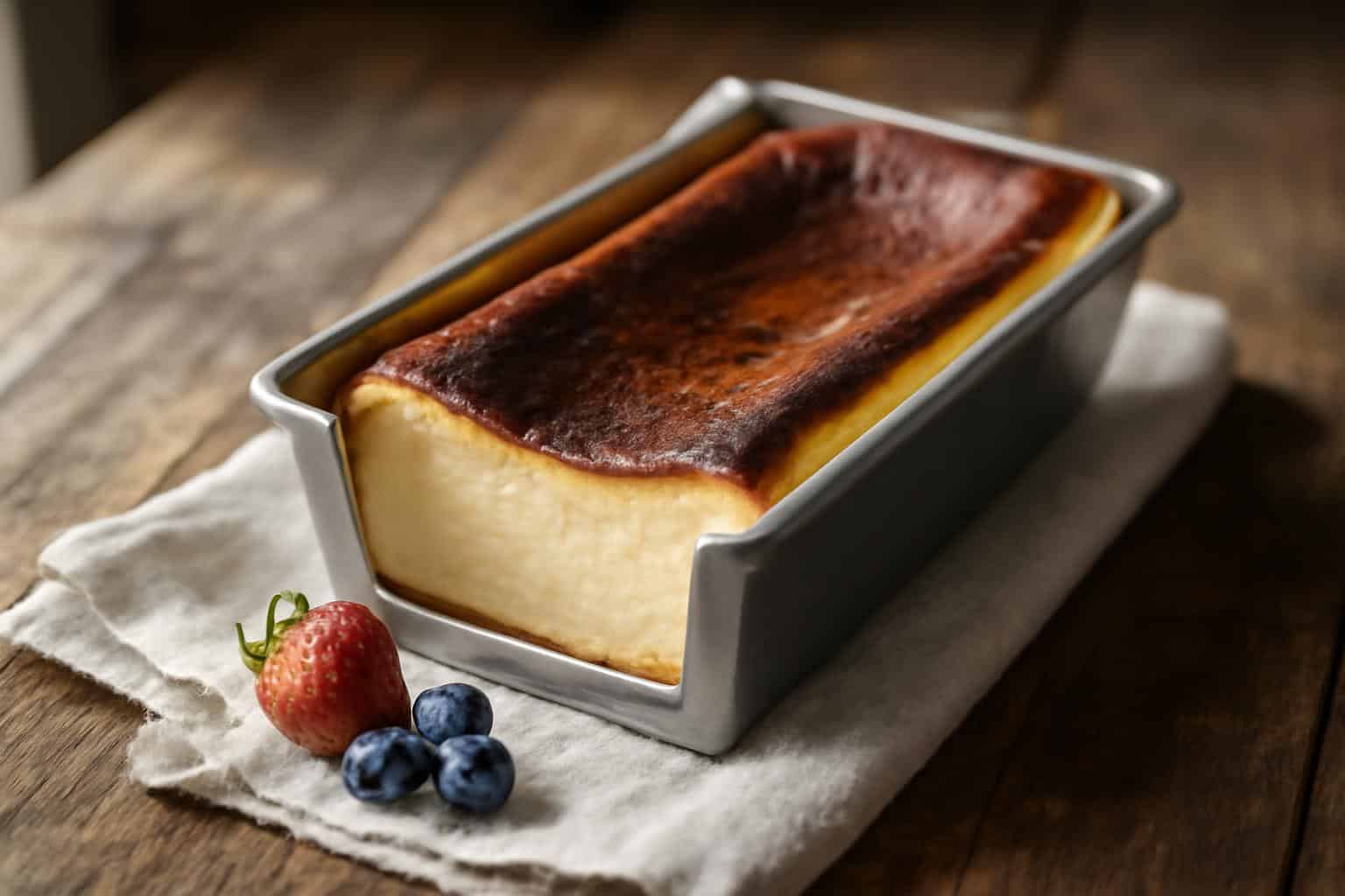 Loaf pan Basque cheesecake with caramelized burnt top and creamy texture, perfect basque cheesecake dessert