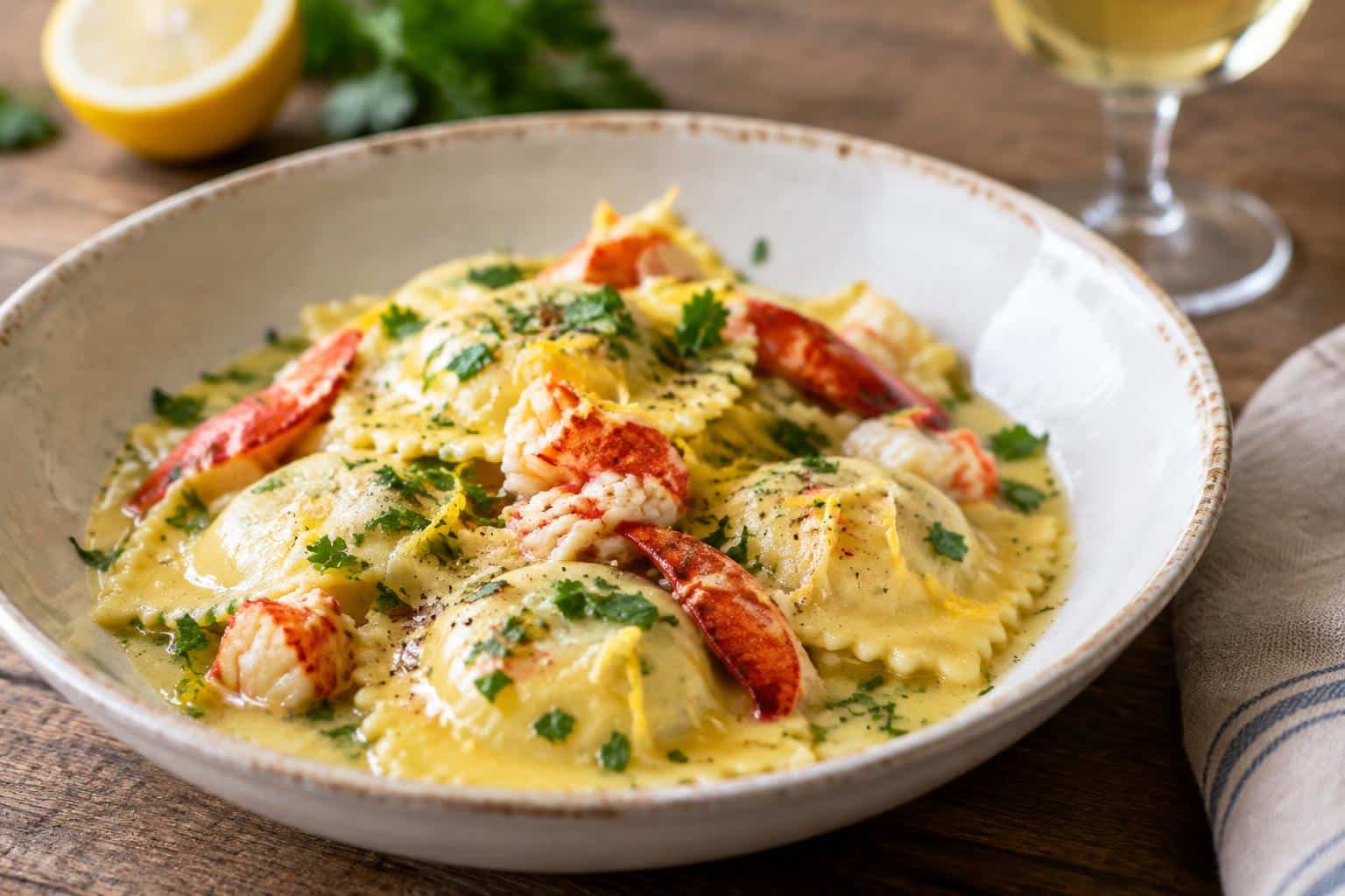 Lobster ravioli tossed in zesty lemon butter sauce garnished with parsley and lemon zest