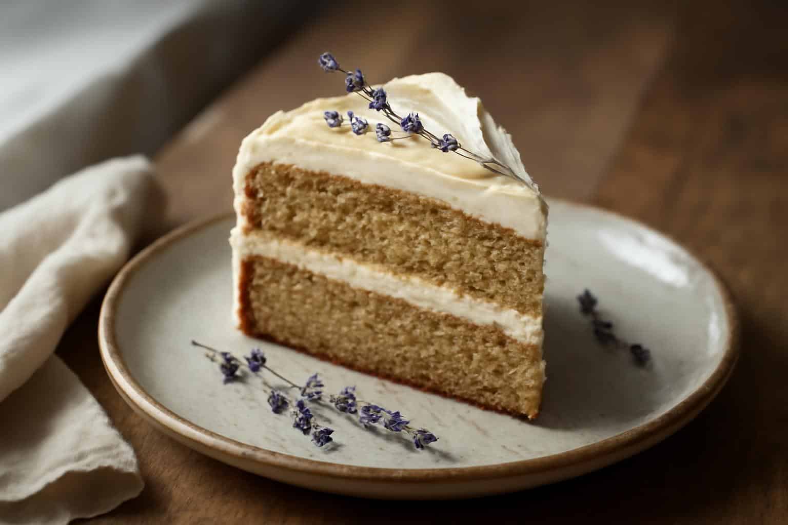 Moist London Fog Cake slice with creamy frosting and lavender garnish on rustic plate