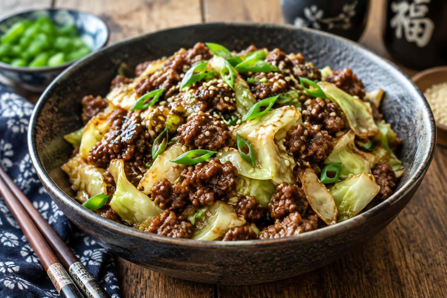 Low-carb Mongolian ground beef and cabbage served in a bowl garnished with green onions and sesame seeds