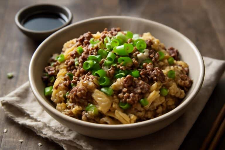 Low-carb Mongolian ground beef and cabbage served in a bowl, garnished with green onions and sesame seeds
