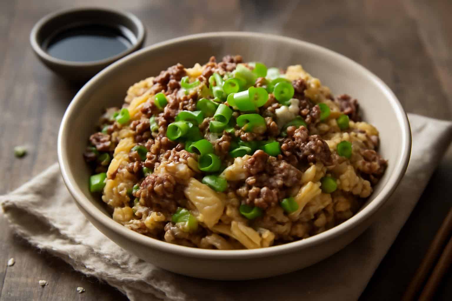 Low-carb Mongolian ground beef and cabbage served in a bowl, garnished with green onions and sesame seeds
