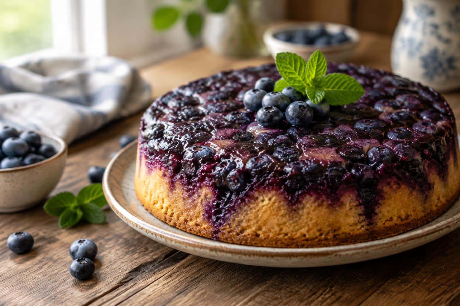 A luscious blueberry upside down cake topped with fresh blueberries and mint, showcasing the blueberry upside down cake