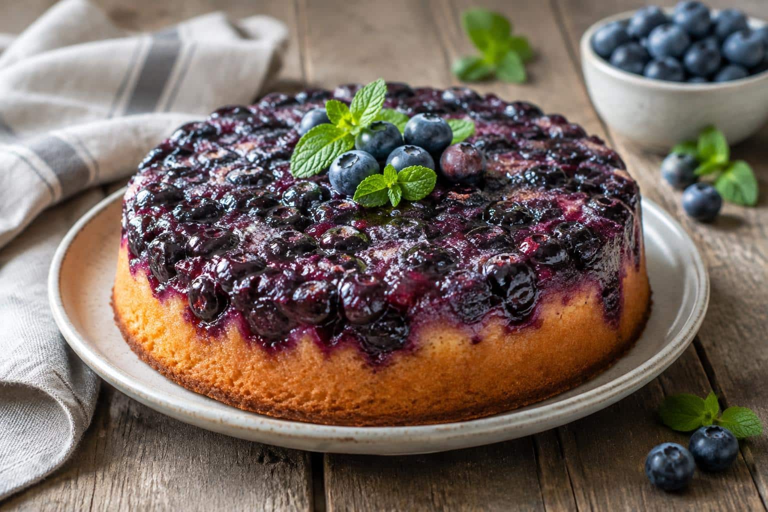 Blueberry upside down cake with fresh berries and mint garnish on rustic wooden table