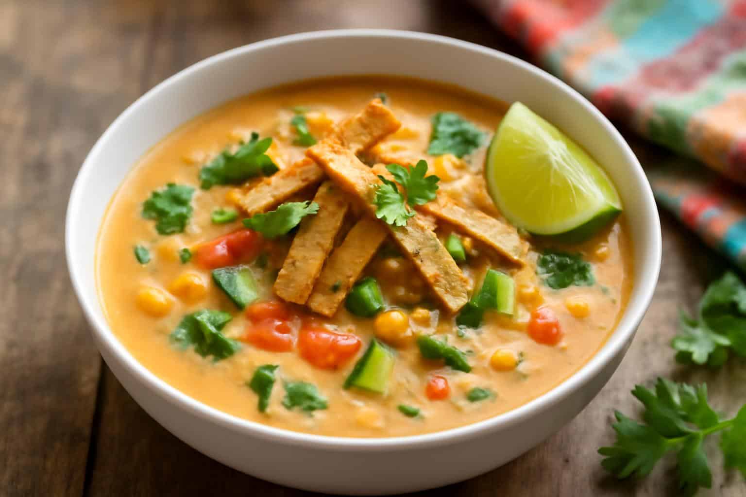 Creamy veggie tortilla soup in bowl with tortilla strips and fresh herbs