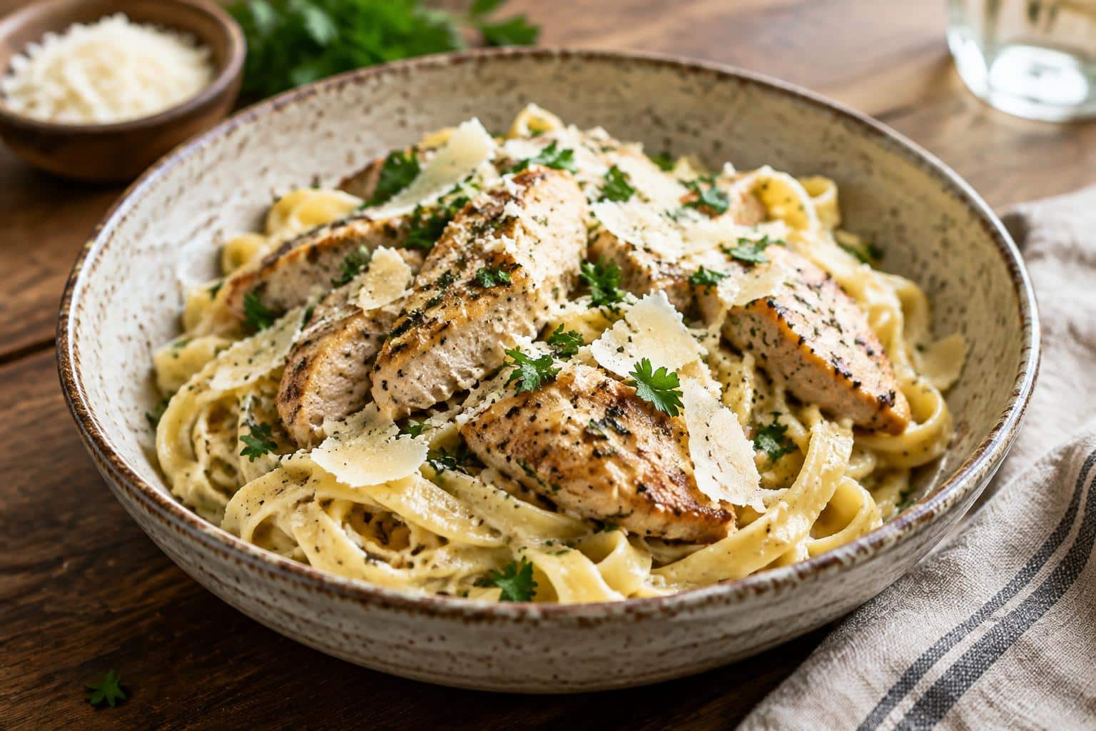 Plate of garlic parmesan chicken pasta garnished with parsley and parmesan cheese