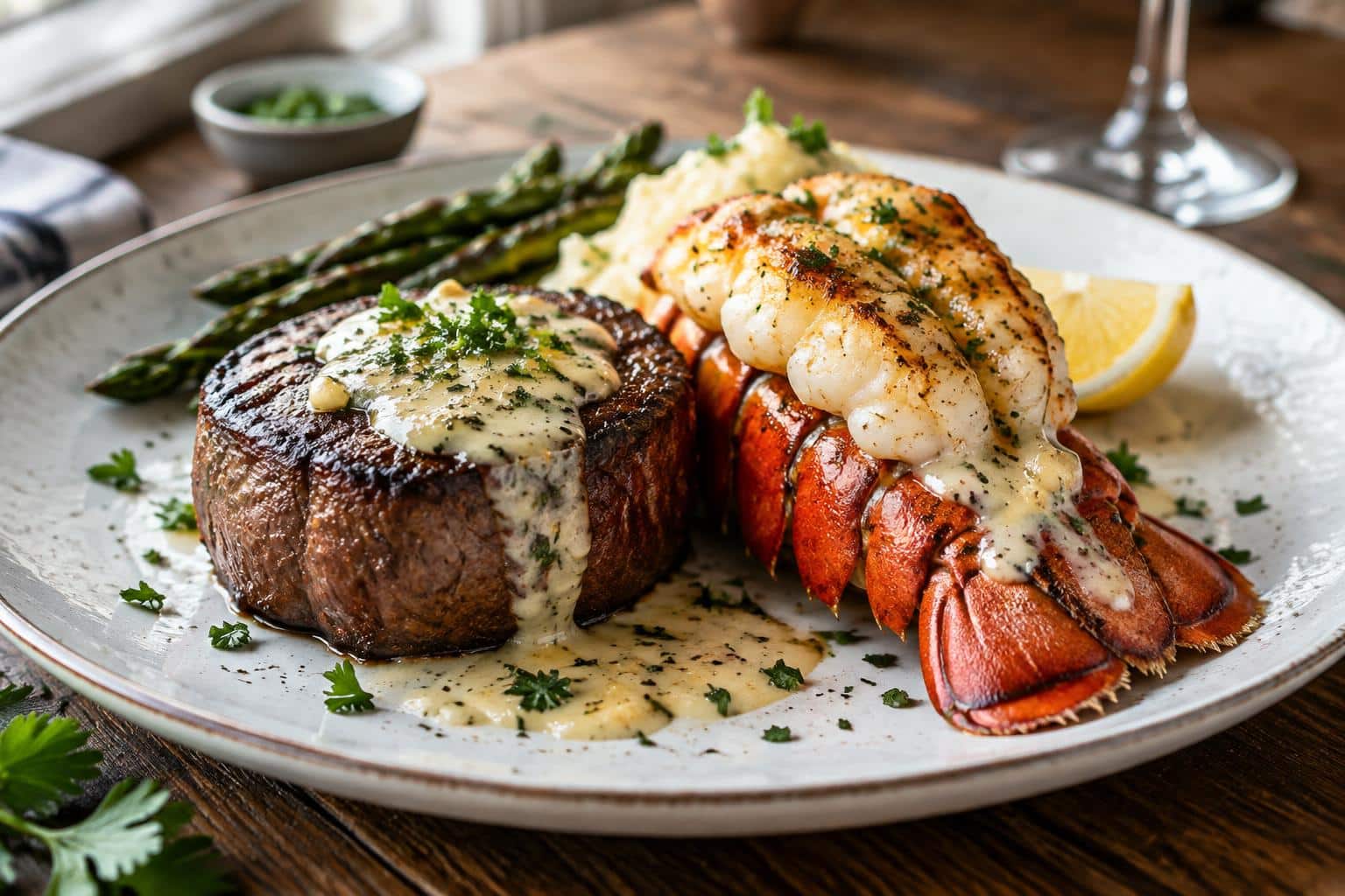 Surf and turf plated with creamy garlic sauce over steak and lobster tail, garnished with parsley