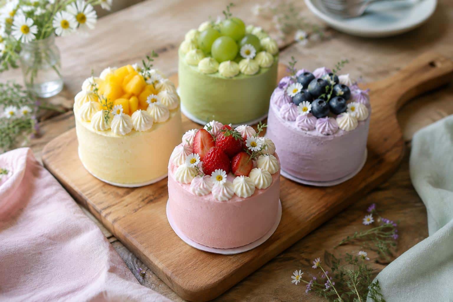 Adorable bento cakes with colorful frosting and fruit garnish on wooden board