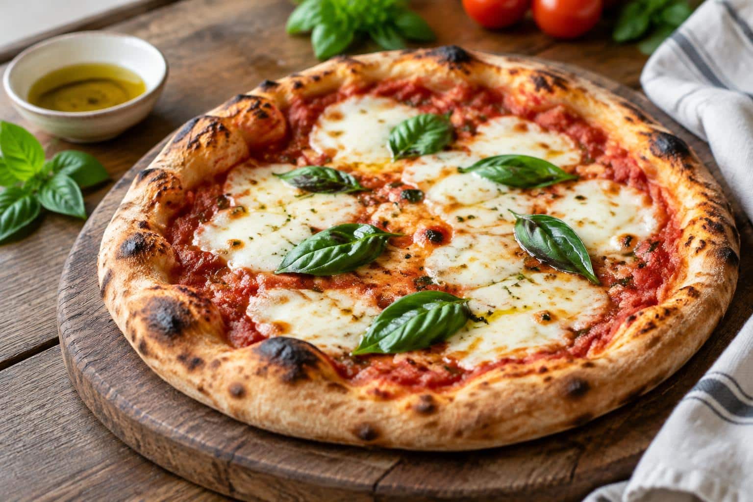 freshly baked italian pizza with melted mozzarella and basil on rustic wooden board