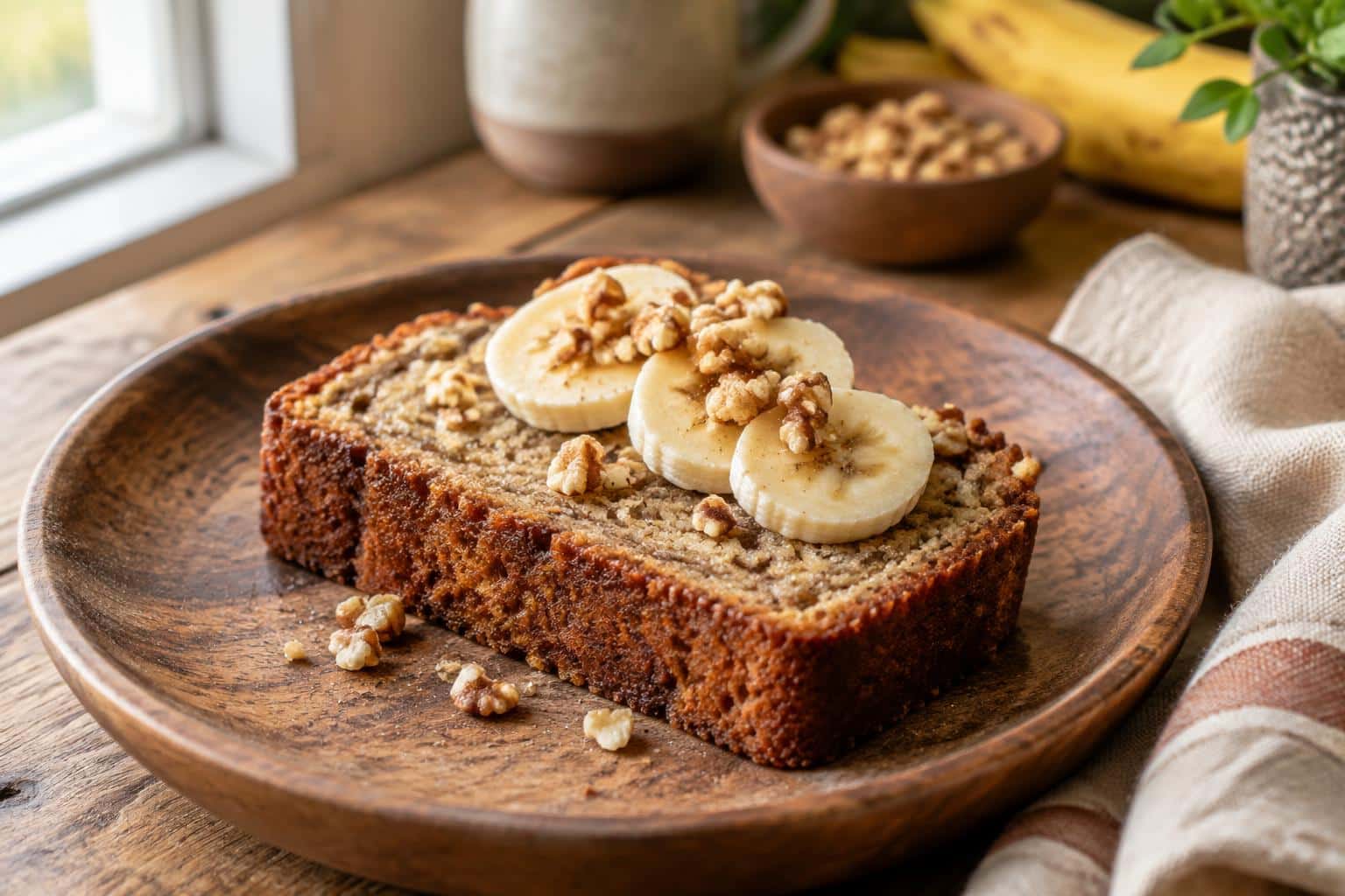 moist banana bread air fryer slice garnished with banana slices and walnuts on wooden plate