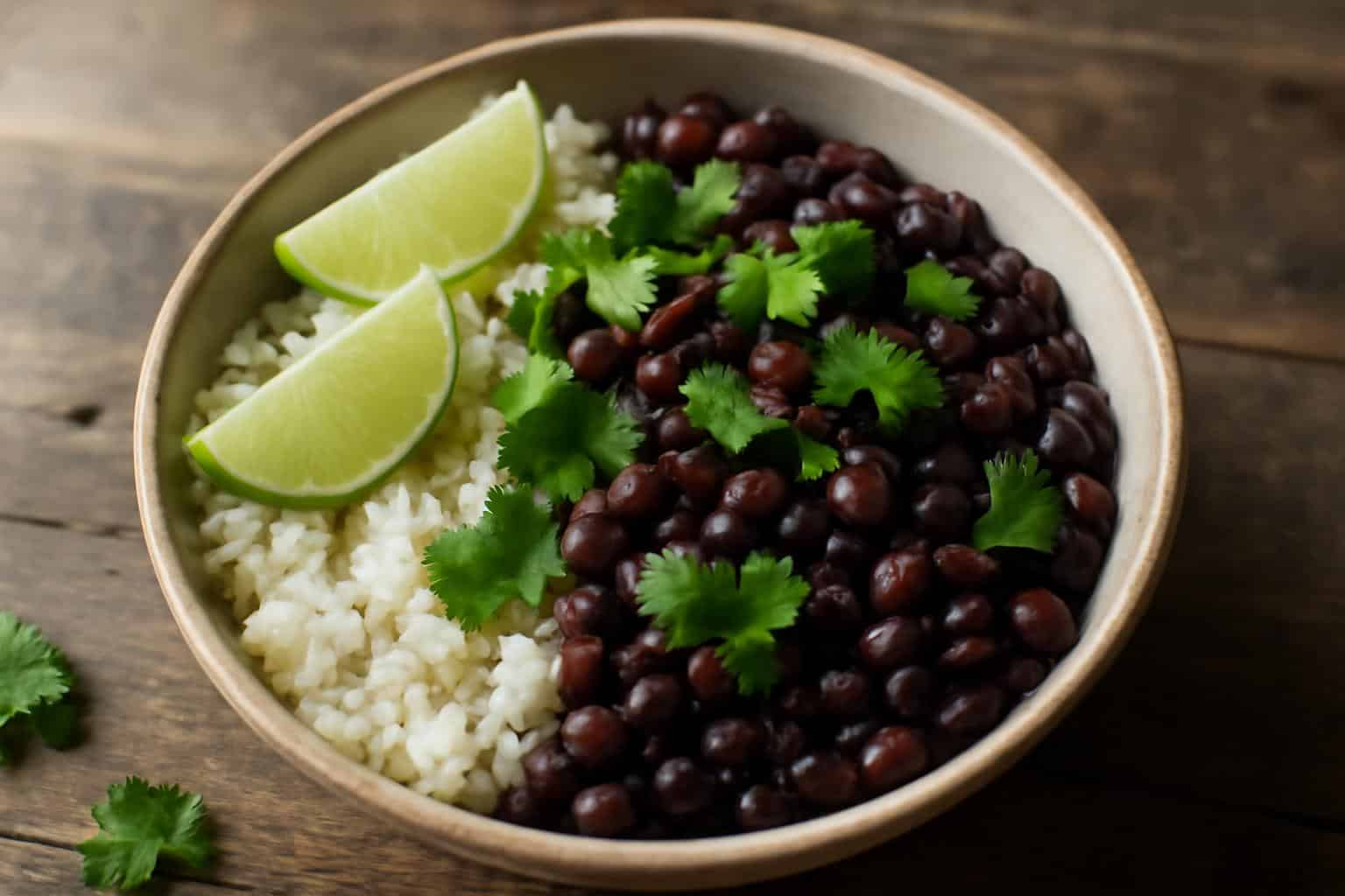A bowl of delicious black beans and rice garnished with cilantro and lime wedges