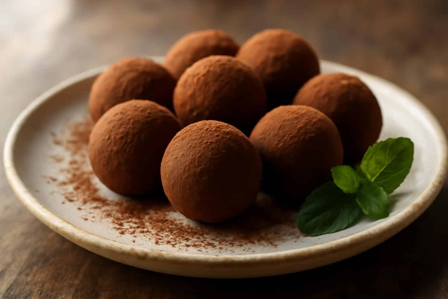 homemade chocolate truffles dusted with cocoa powder on rustic wooden plate