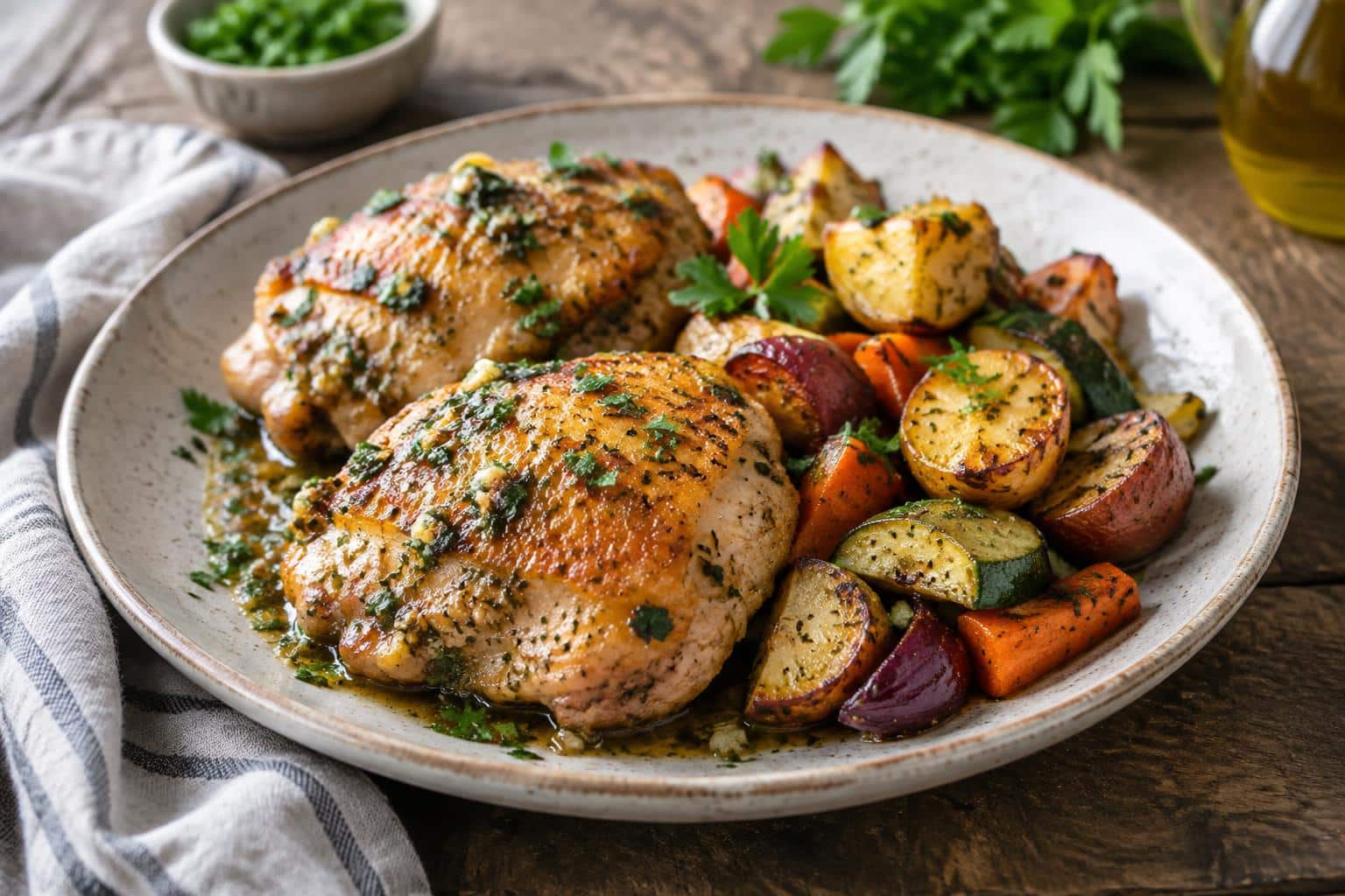 Weeknight dinner special with sautéed chicken thighs and roasted vegetables on a rustic plate