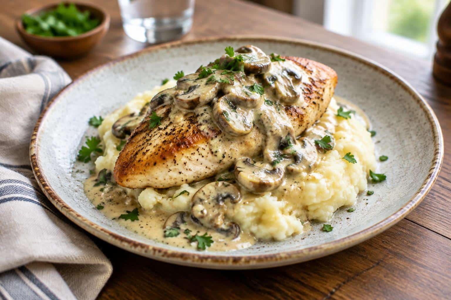 weeknight dinner plated with seared chicken and creamy mushroom sauce over mashed potatoes garnished with parsley