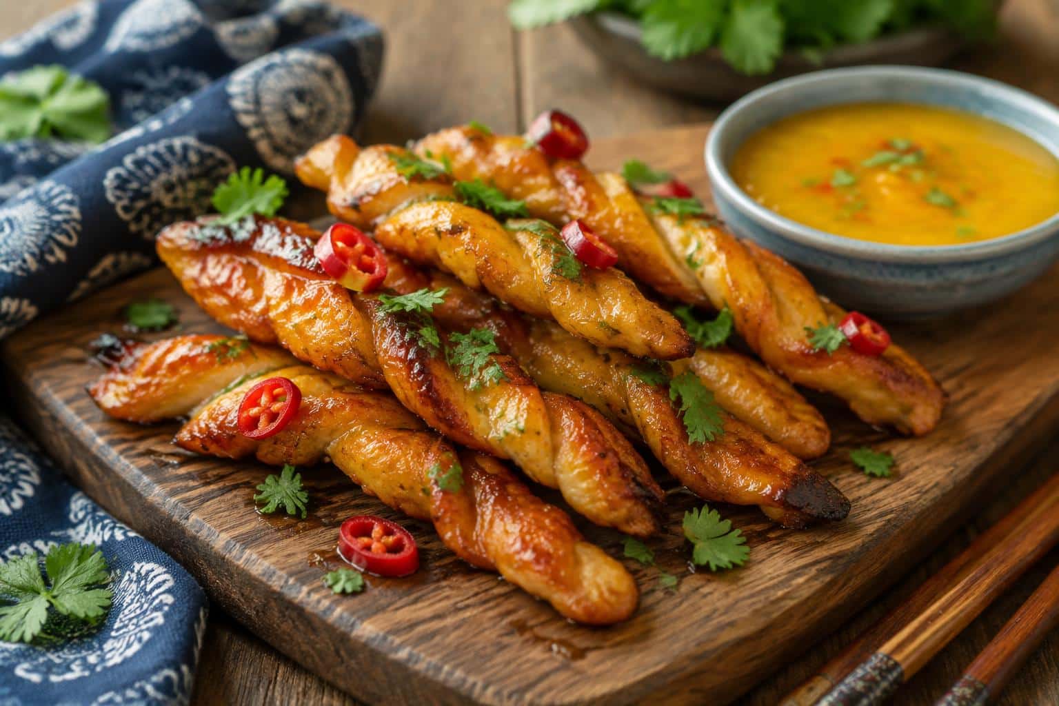 Mango-glazed chicken twists garnished with cilantro and red chili on wooden board