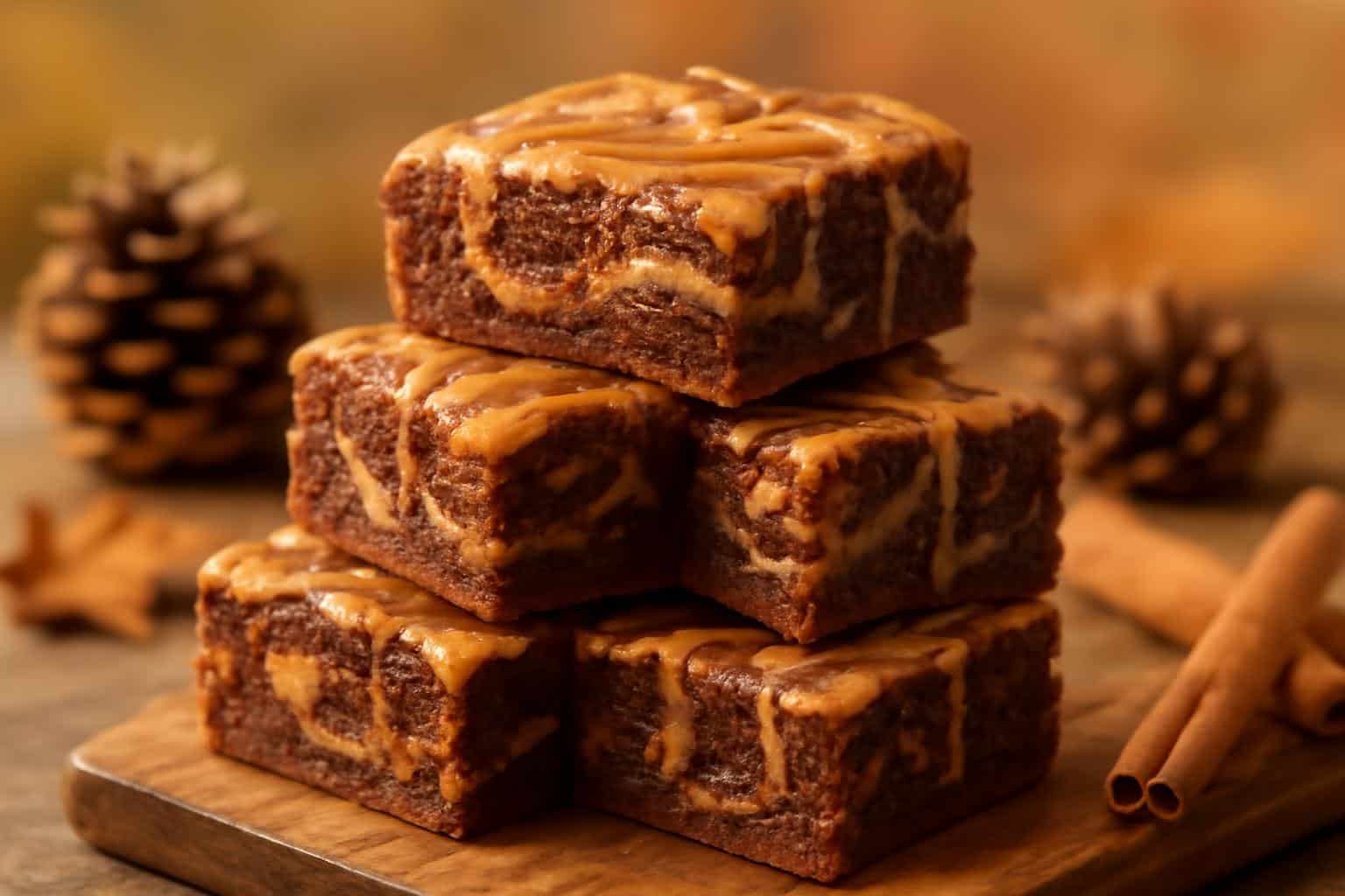 Freshly baked maple cinnamon brownies with cinnamon swirls and maple glaze, perfect cozy fall dessert