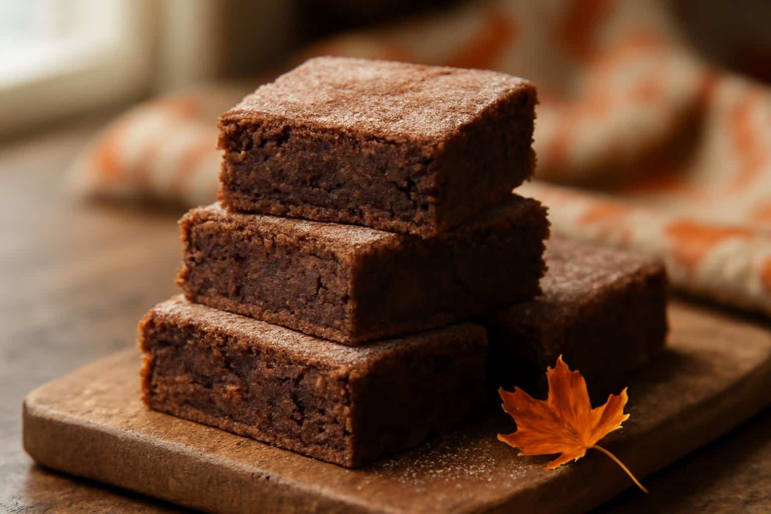 Freshly baked maple cinnamon brownies with cinnamon sugar dusting and maple leaf garnish, maple cinnamon brownies